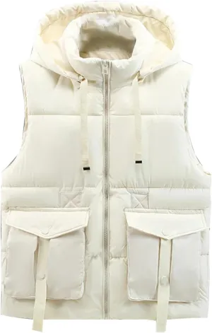 Men's Winter Hooded Down Vest Casual Stand Collar Zipper Warm Cotton Padded Sleeveless Waistcoat Jacket