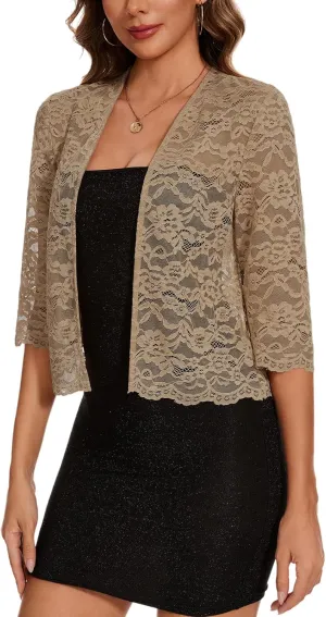 MINTLIMIT Women's Elegant 3/4 Sleeve Floral Lace Bolero Shrug Cropped Open Front Cardigan Shrug Tops