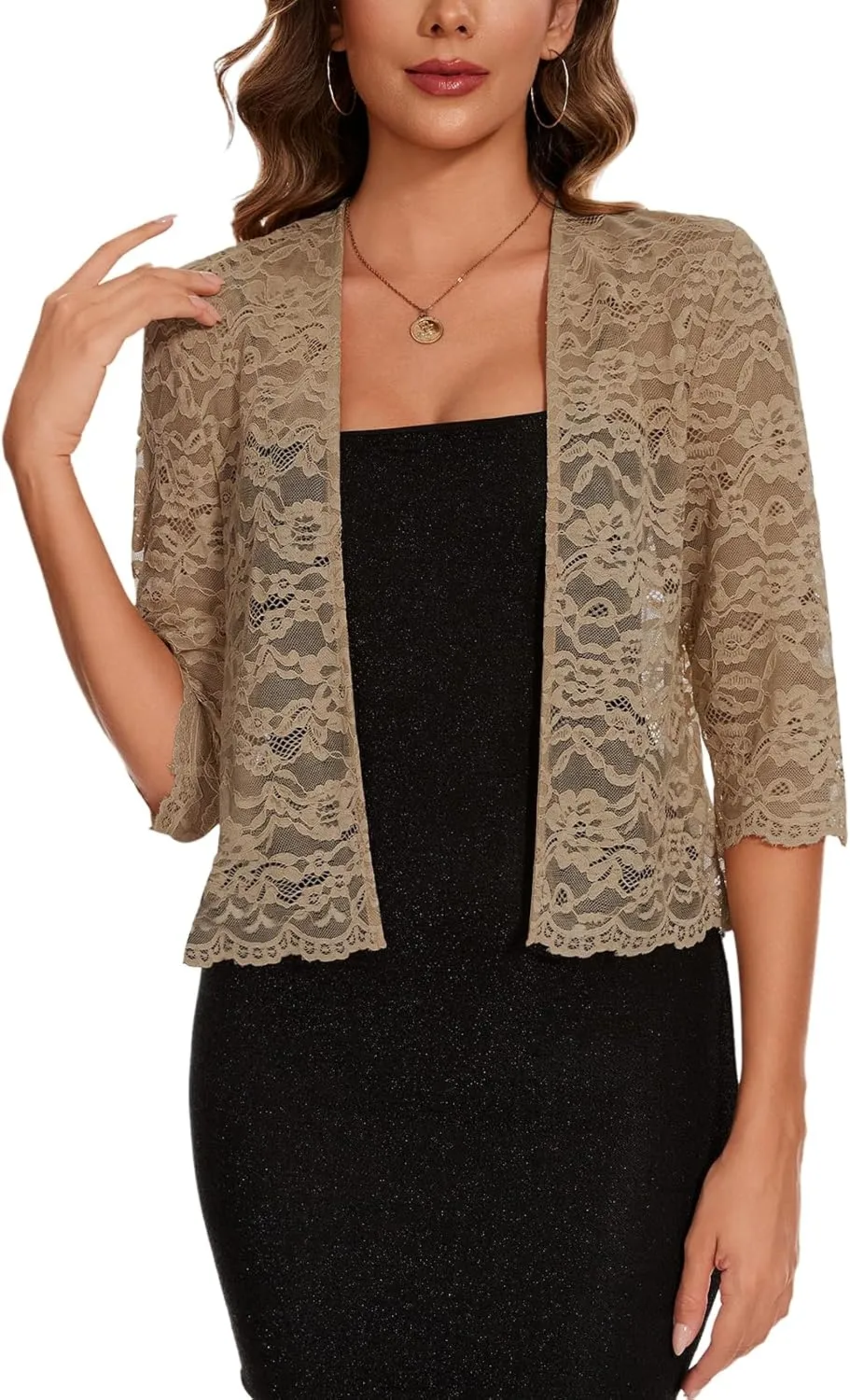 MINTLIMIT Women's Elegant 3/4 Sleeve Floral Lace Bolero Shrug Cropped Open Front Cardigan Shrug Tops