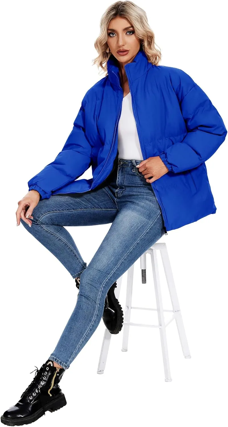 Neineiwu Women's Fashion Winter Long Sleeve Zip Puffer Jacket Pockets Baggy Short Down Coats