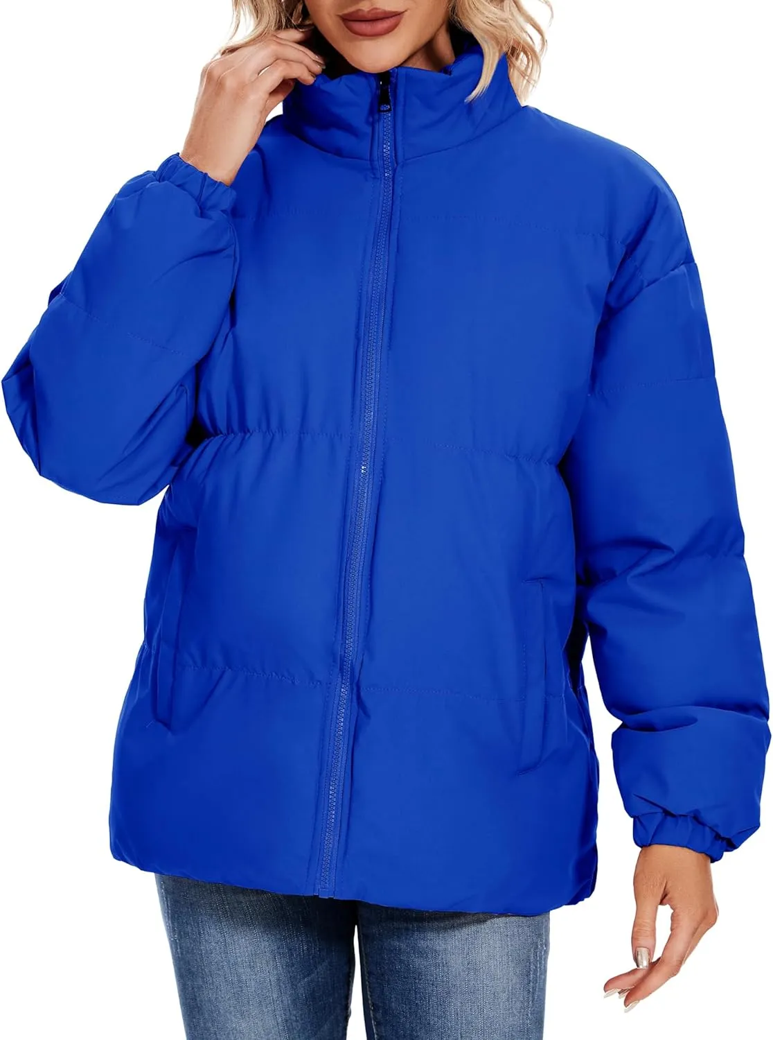 Neineiwu Women's Fashion Winter Long Sleeve Zip Puffer Jacket Pockets Baggy Short Down Coats