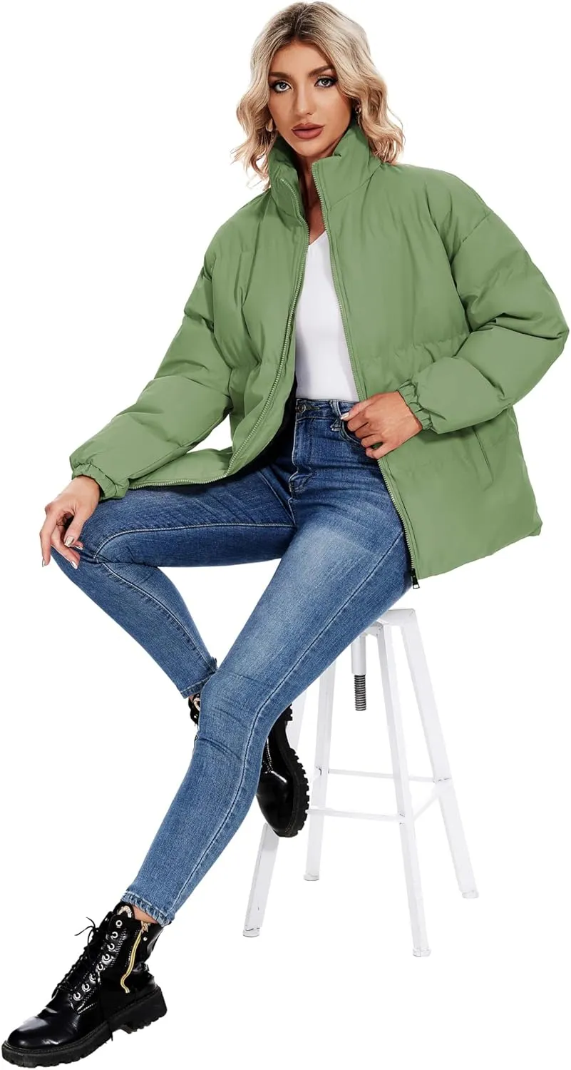 Neineiwu Women's Fashion Winter Long Sleeve Zip Puffer Jacket Pockets Baggy Short Down Coats