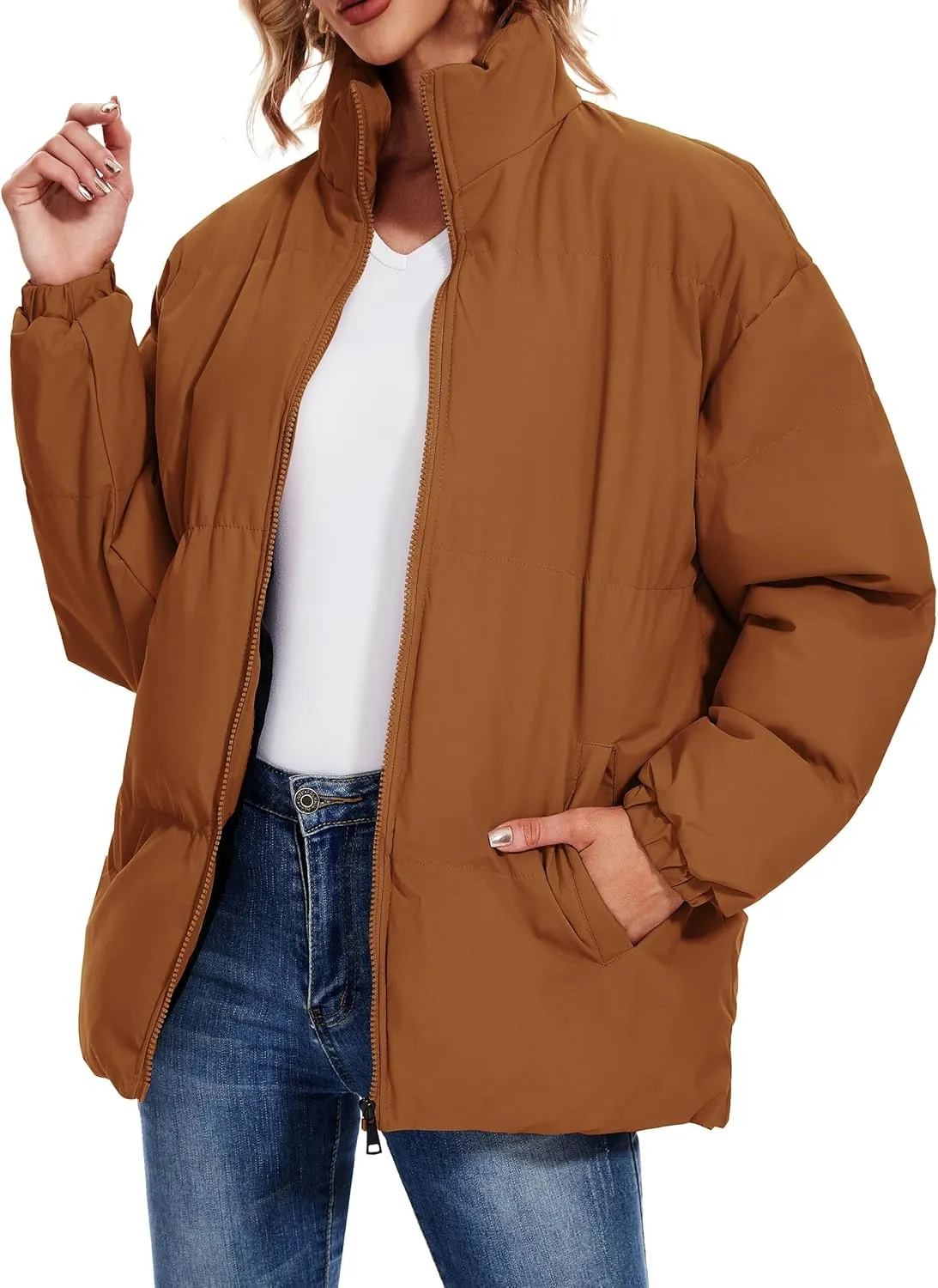Neineiwu Women's Fashion Winter Long Sleeve Zip Puffer Jacket Pockets Baggy Short Down Coats