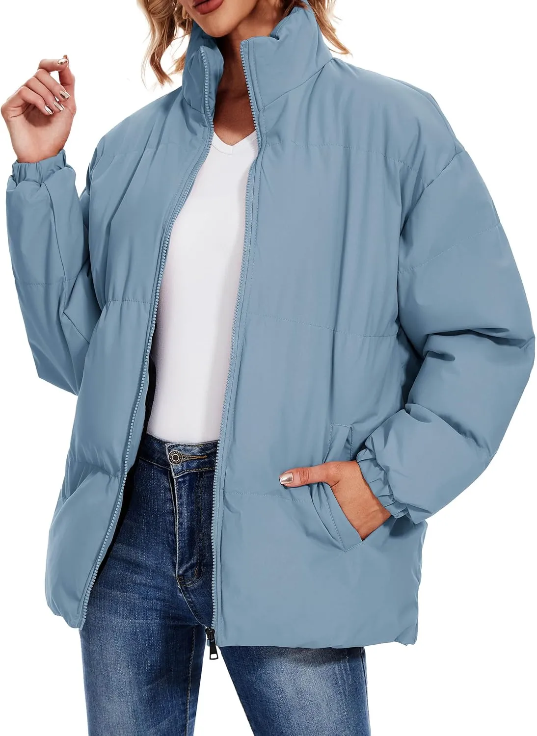 Neineiwu Women's Fashion Winter Long Sleeve Zip Puffer Jacket Pockets Baggy Short Down Coats