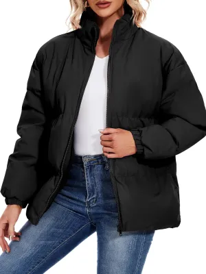 Neineiwu Women's Fashion Winter Long Sleeve Zip Puffer Jacket Pockets Baggy Short Down Coats