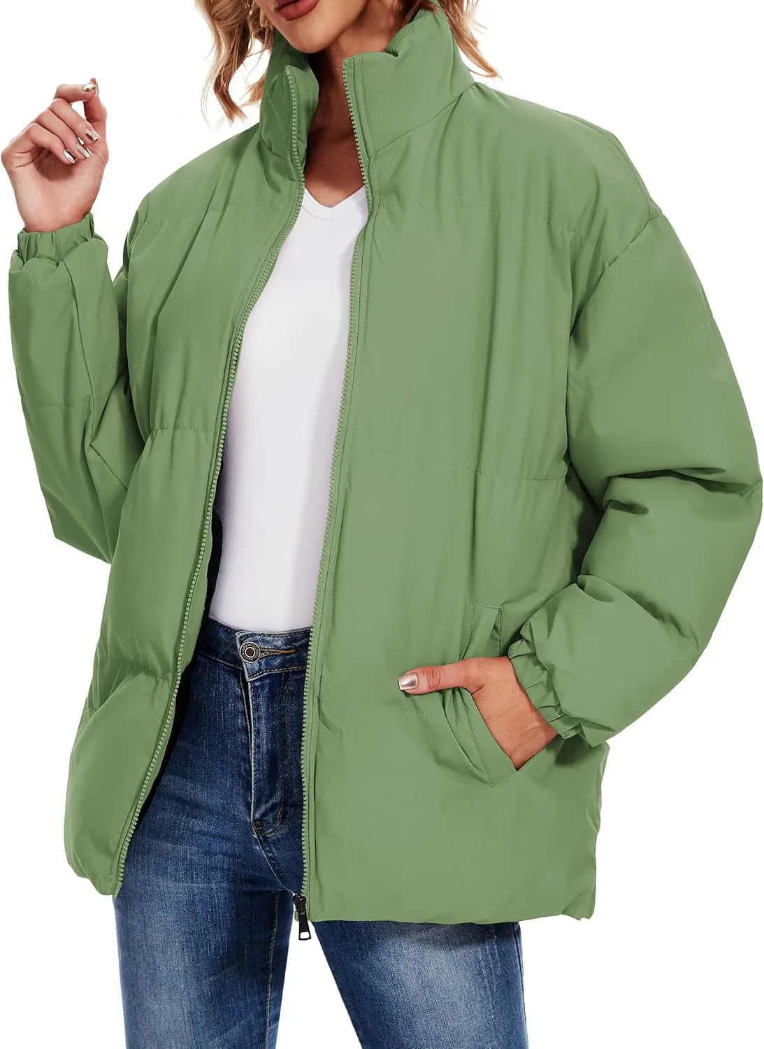 Neineiwu Women's Fashion Winter Long Sleeve Zip Puffer Jacket Pockets Baggy Short Down Coats