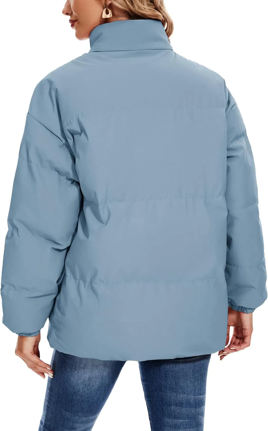 Neineiwu Women's Fashion Winter Long Sleeve Zip Puffer Jacket Pockets Baggy Short Down Coats
