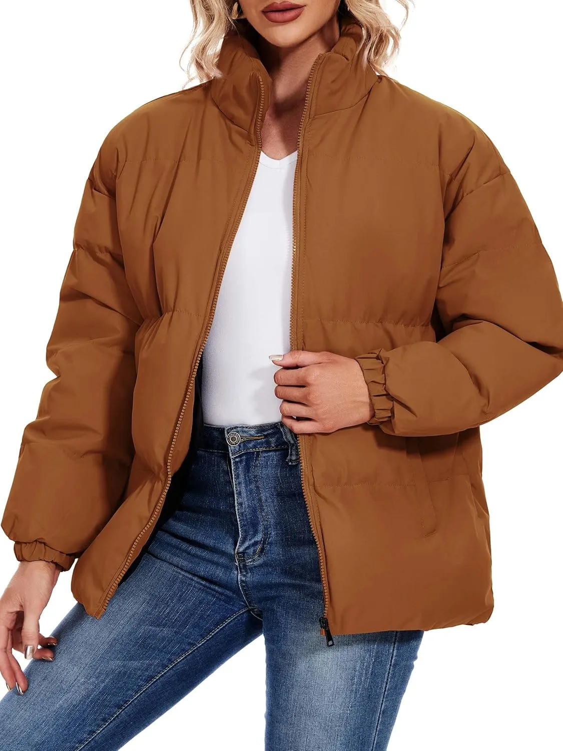 Neineiwu Women's Fashion Winter Long Sleeve Zip Puffer Jacket Pockets Baggy Short Down Coats
