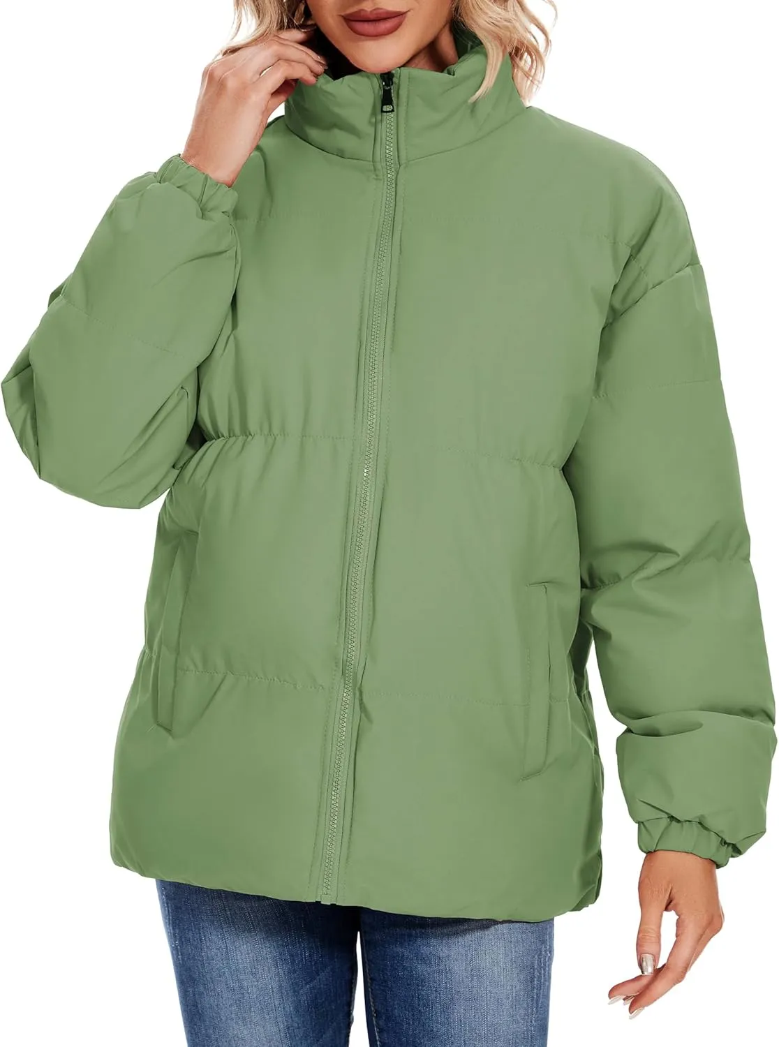 Neineiwu Women's Fashion Winter Long Sleeve Zip Puffer Jacket Pockets Baggy Short Down Coats