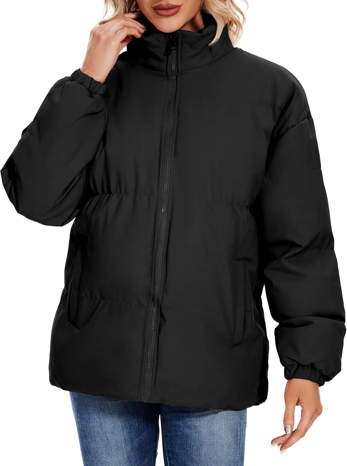 Neineiwu Women's Fashion Winter Long Sleeve Zip Puffer Jacket Pockets Baggy Short Down Coats