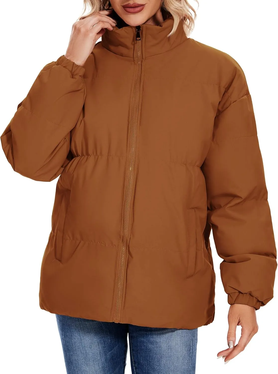 Neineiwu Women's Fashion Winter Long Sleeve Zip Puffer Jacket Pockets Baggy Short Down Coats
