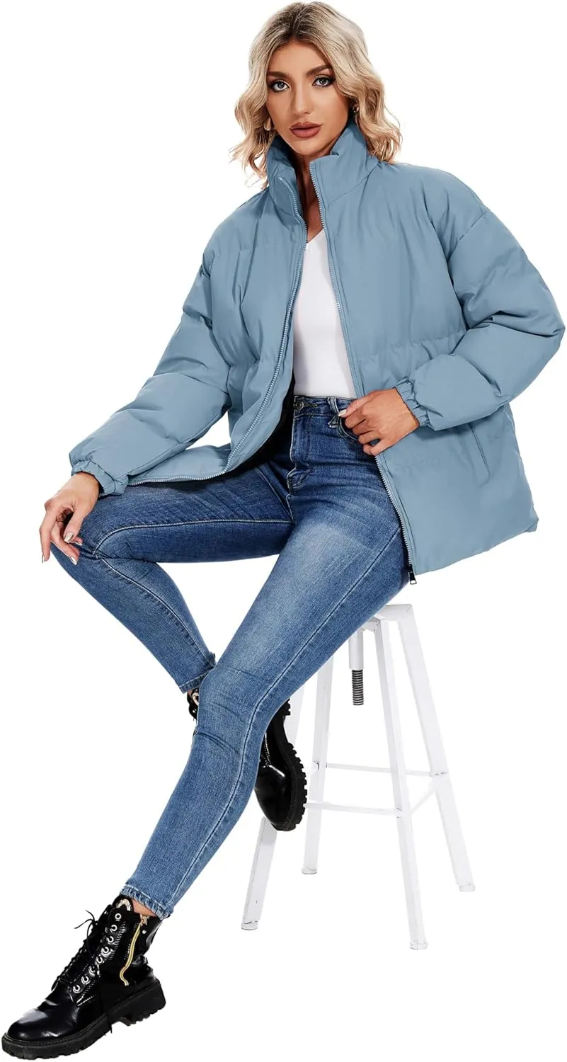 Neineiwu Women's Fashion Winter Long Sleeve Zip Puffer Jacket Pockets Baggy Short Down Coats
