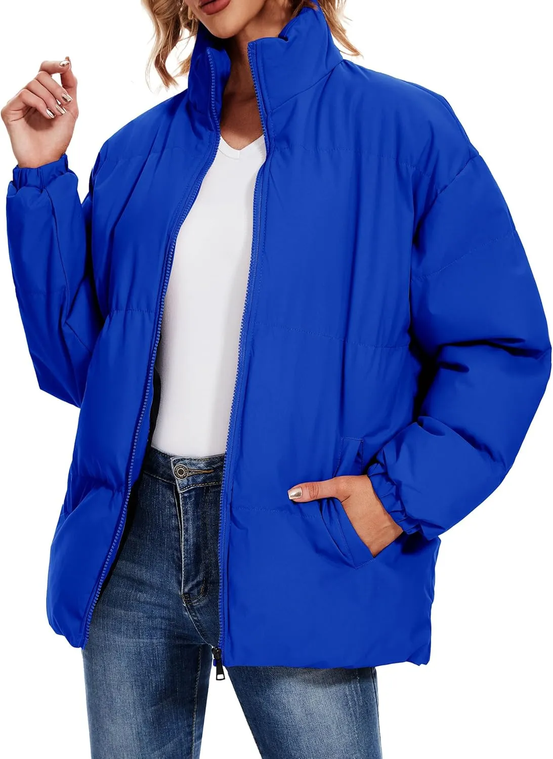 Neineiwu Women's Fashion Winter Long Sleeve Zip Puffer Jacket Pockets Baggy Short Down Coats