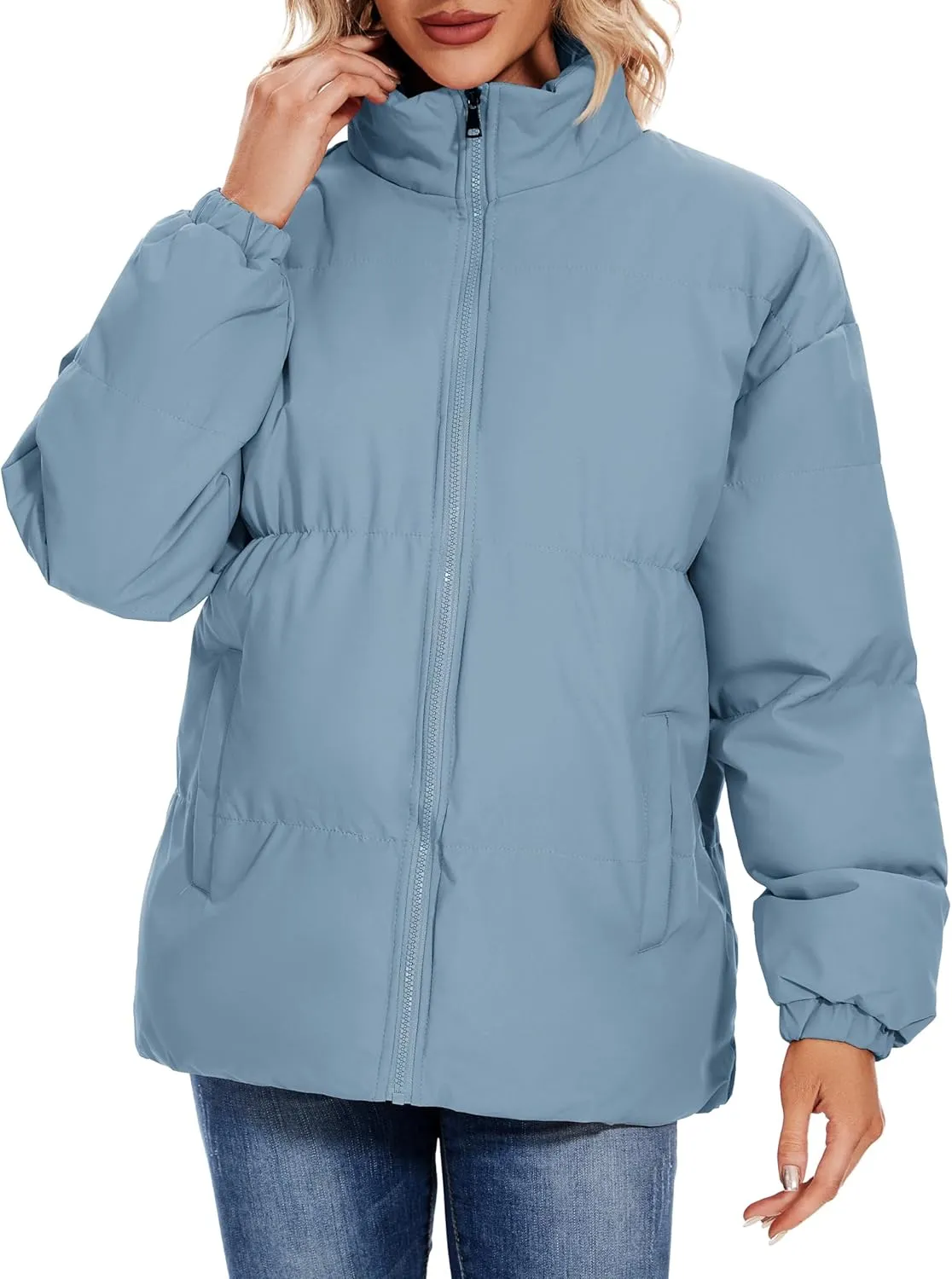 Neineiwu Women's Fashion Winter Long Sleeve Zip Puffer Jacket Pockets Baggy Short Down Coats