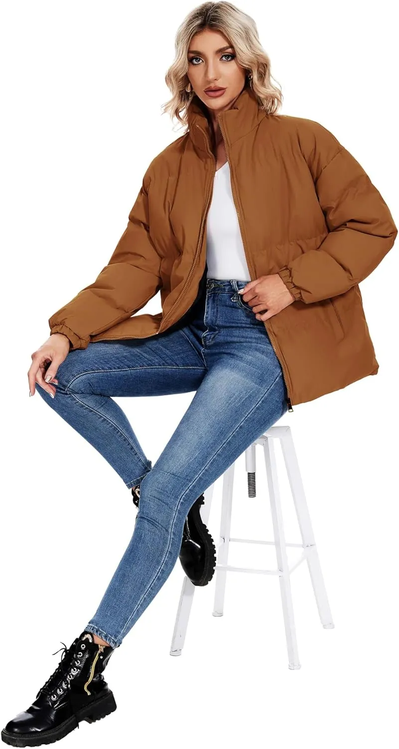 Neineiwu Women's Fashion Winter Long Sleeve Zip Puffer Jacket Pockets Baggy Short Down Coats