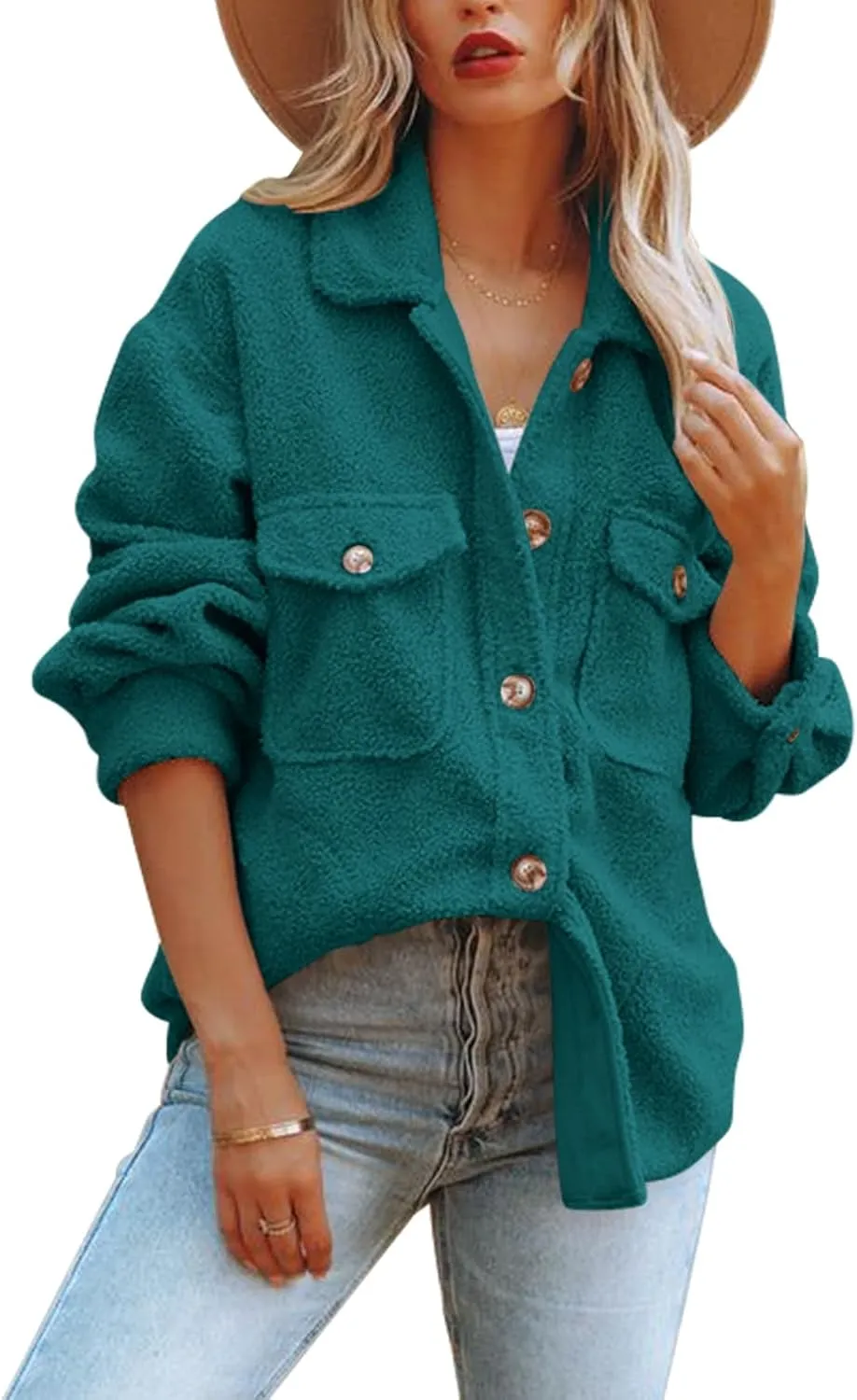 Nirovien Womens Oversized Fleece Jakcets Button Down Sherpa Shacket Fuzzy Coats Casual Warm Teddy Outwear with Pockets