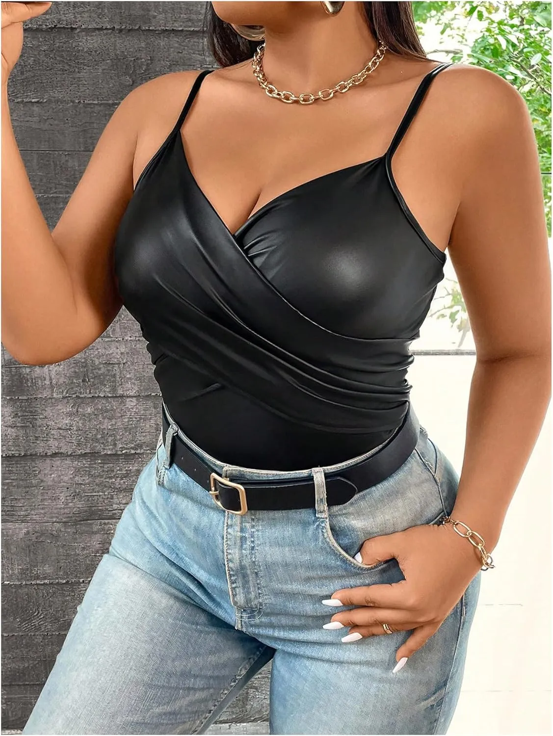OYOANGLE Women's Plus Size PU Leather Wrap Camisole Deep V Neck Spaghetti Strap Tank Tops