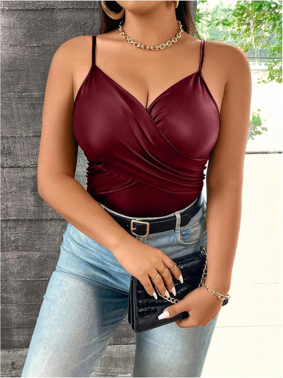 OYOANGLE Women's Plus Size PU Leather Wrap Camisole Deep V Neck Spaghetti Strap Tank Tops