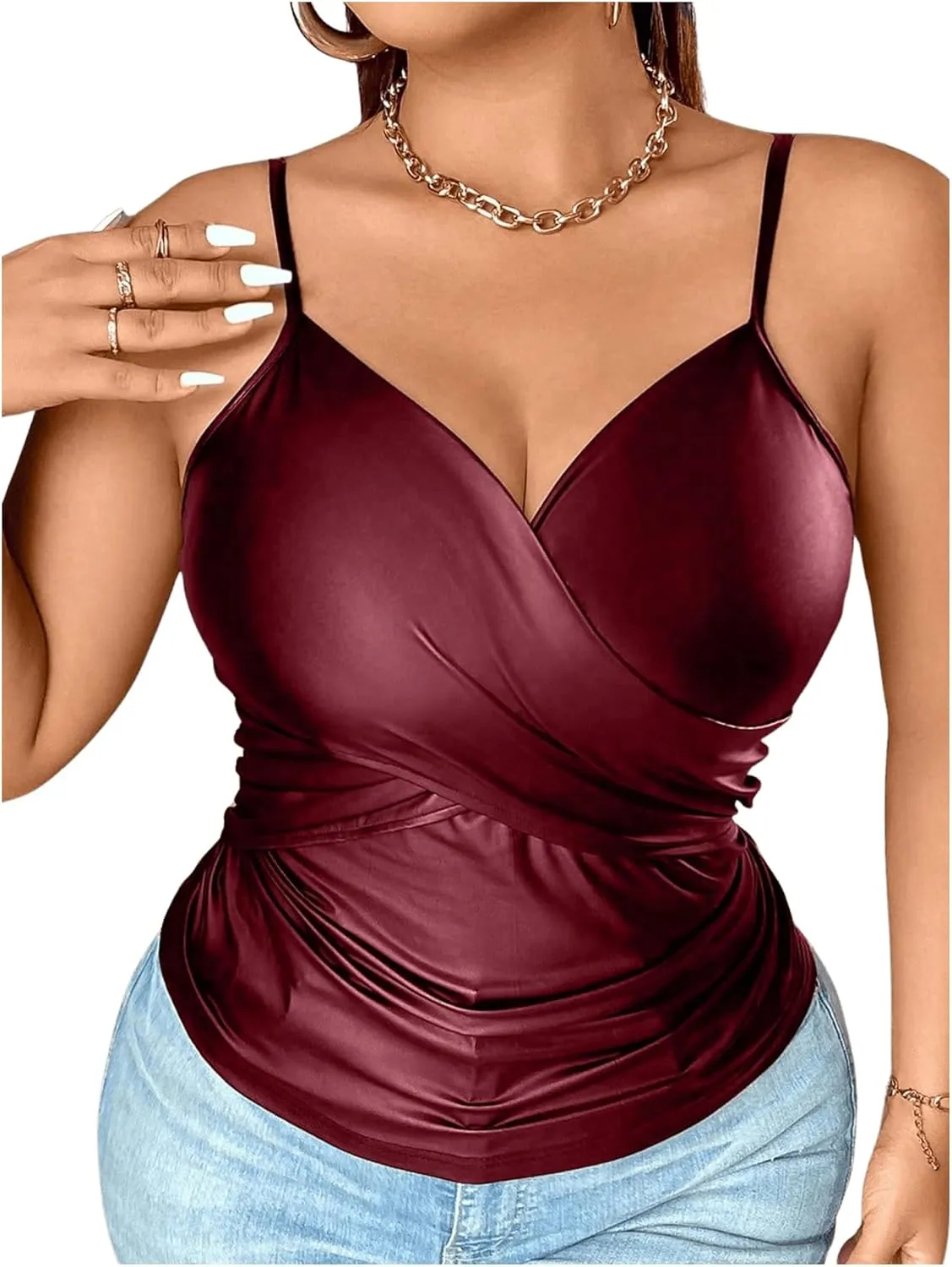 OYOANGLE Women's Plus Size PU Leather Wrap Camisole Deep V Neck Spaghetti Strap Tank Tops