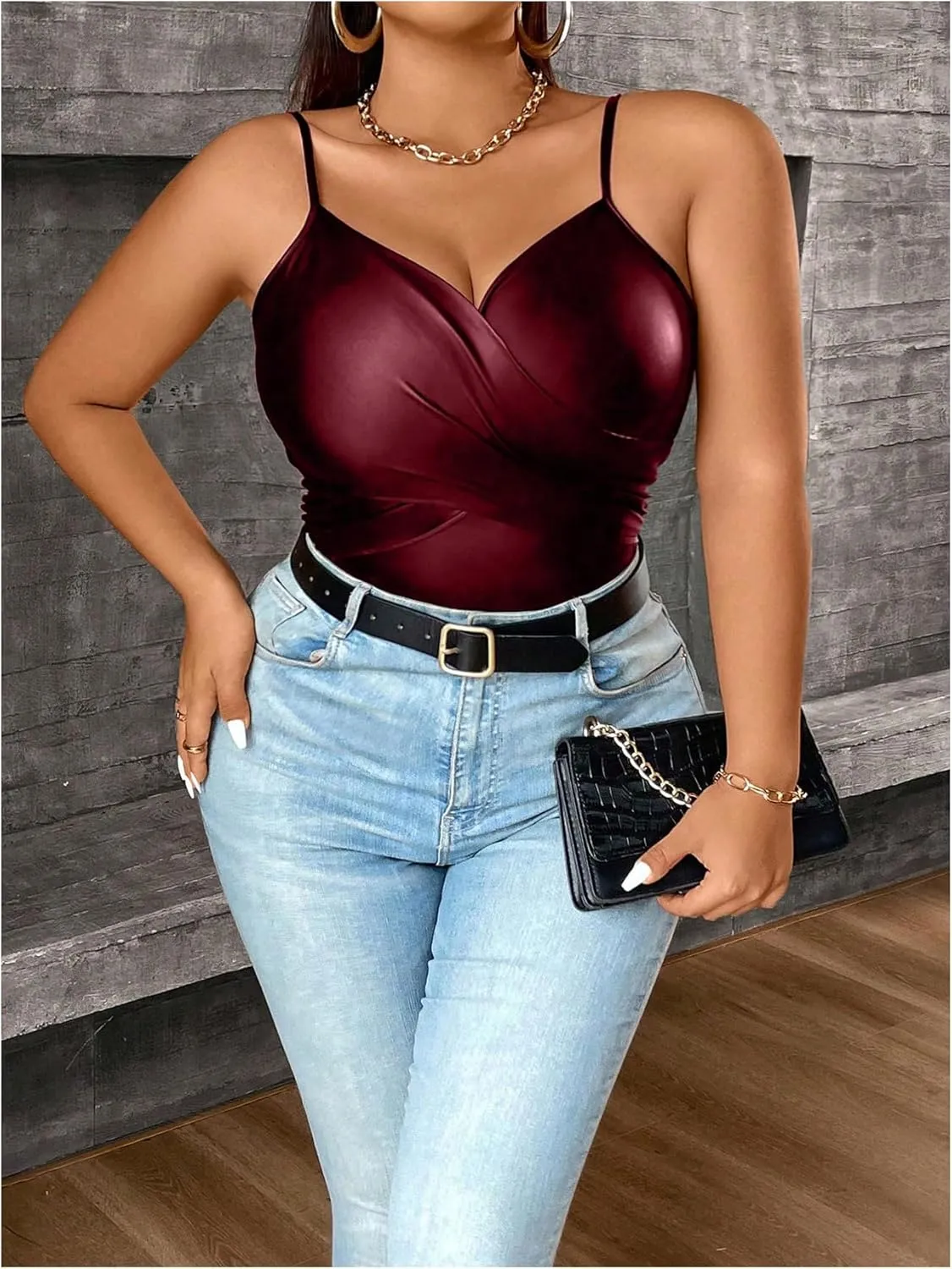OYOANGLE Women's Plus Size PU Leather Wrap Camisole Deep V Neck Spaghetti Strap Tank Tops