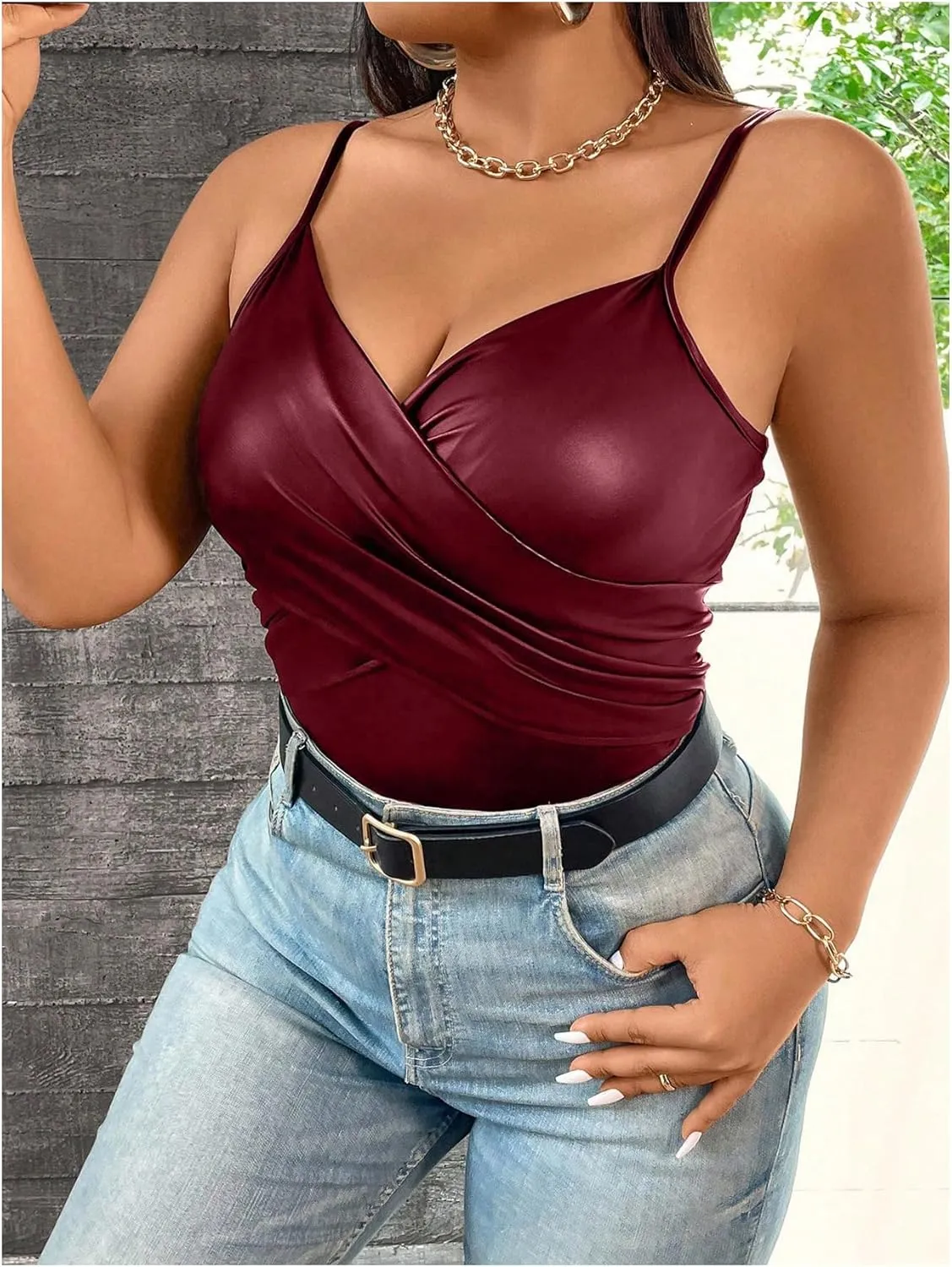 OYOANGLE Women's Plus Size PU Leather Wrap Camisole Deep V Neck Spaghetti Strap Tank Tops
