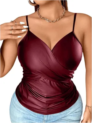 OYOANGLE Women's Plus Size PU Leather Wrap Camisole Deep V Neck Spaghetti Strap Tank Tops