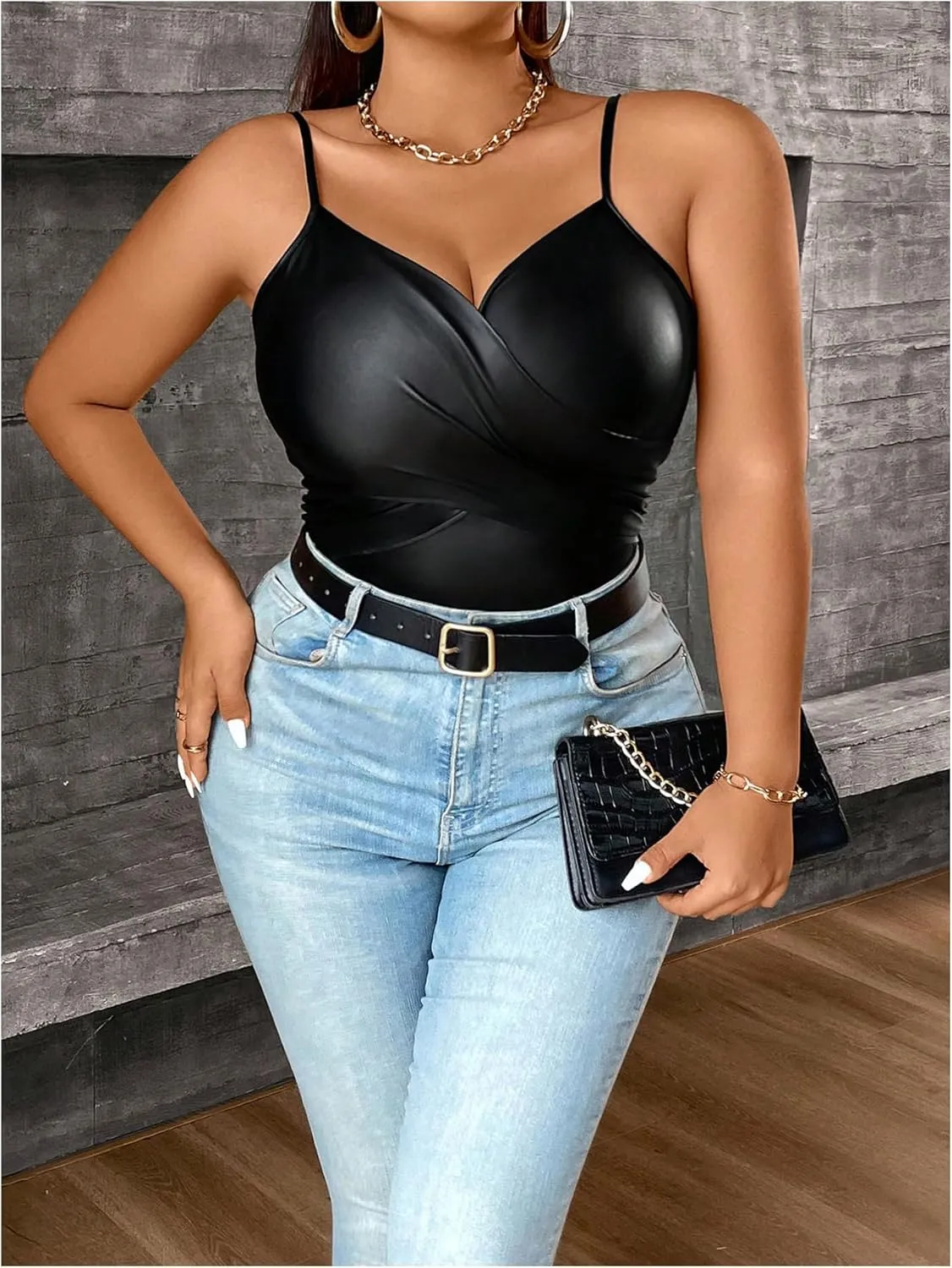 OYOANGLE Women's Plus Size PU Leather Wrap Camisole Deep V Neck Spaghetti Strap Tank Tops