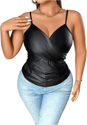 OYOANGLE Women's Plus Size PU Leather Wrap Camisole Deep V Neck Spaghetti Strap Tank Tops