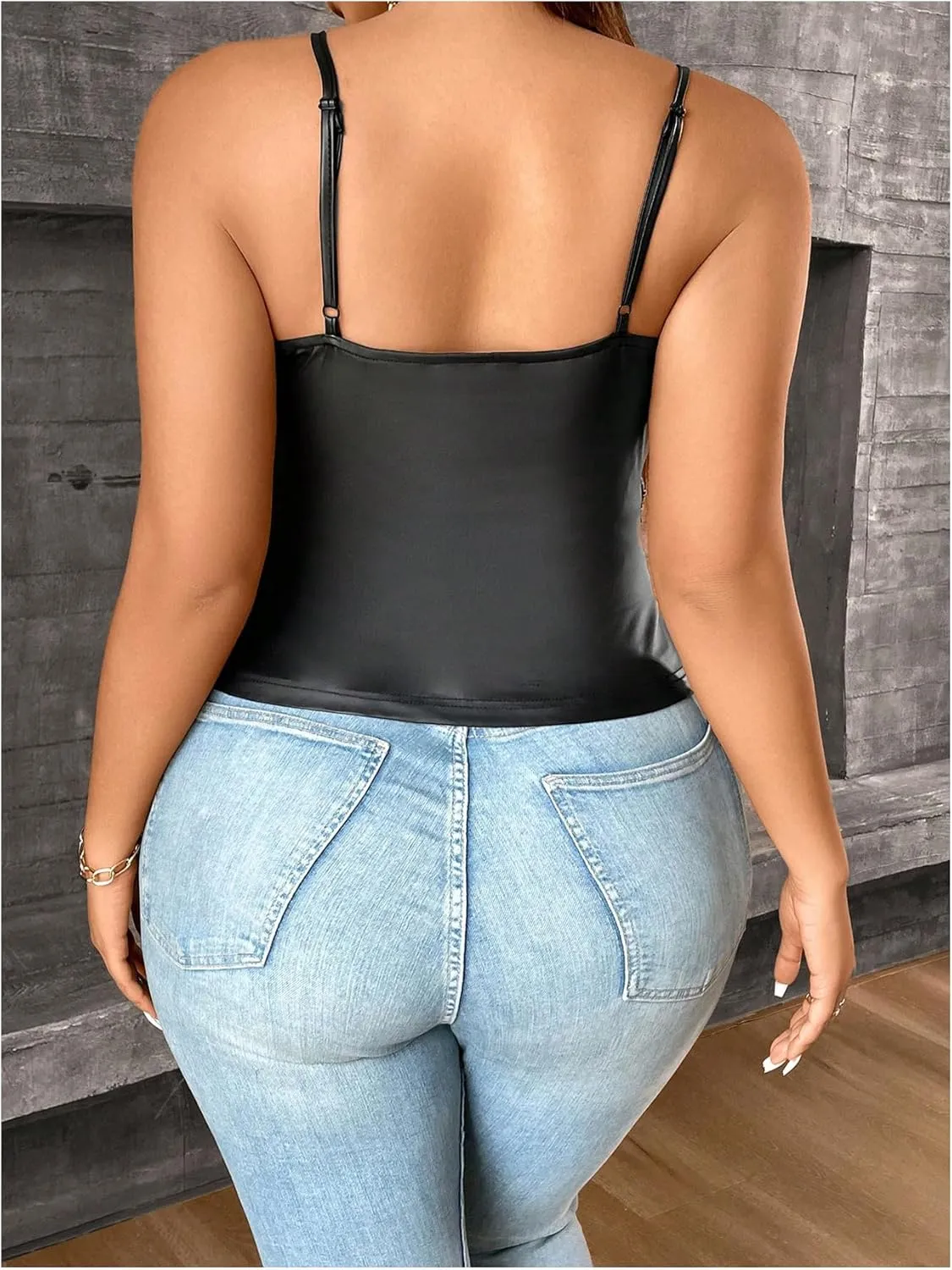 OYOANGLE Women's Plus Size PU Leather Wrap Camisole Deep V Neck Spaghetti Strap Tank Tops