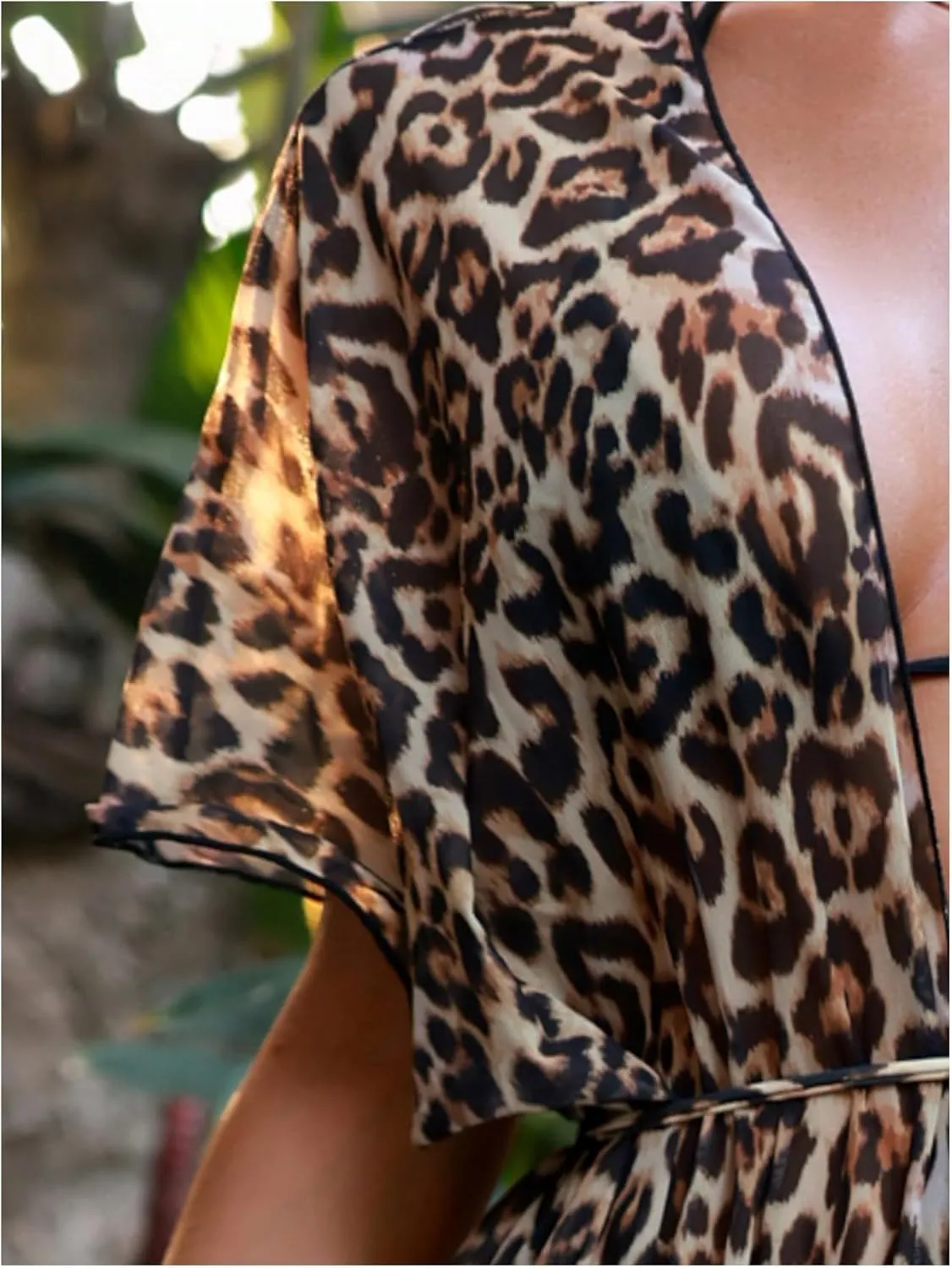 OYOANGLE Women's Swimsuit Cover Ups Leopard Print Short Sleeve Belted Kimono Cardigans Beachwear