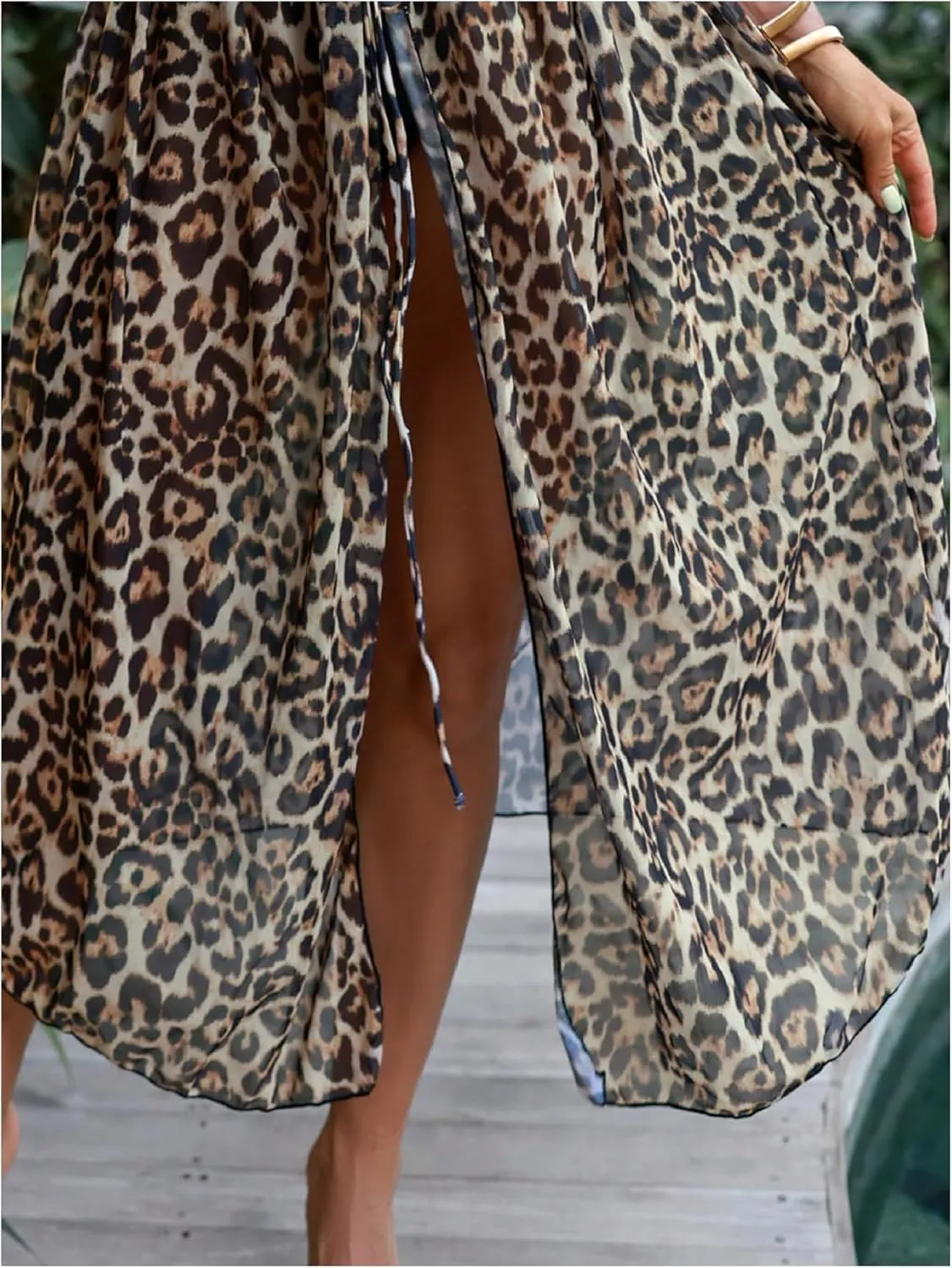 OYOANGLE Women's Swimsuit Cover Ups Leopard Print Short Sleeve Belted Kimono Cardigans Beachwear