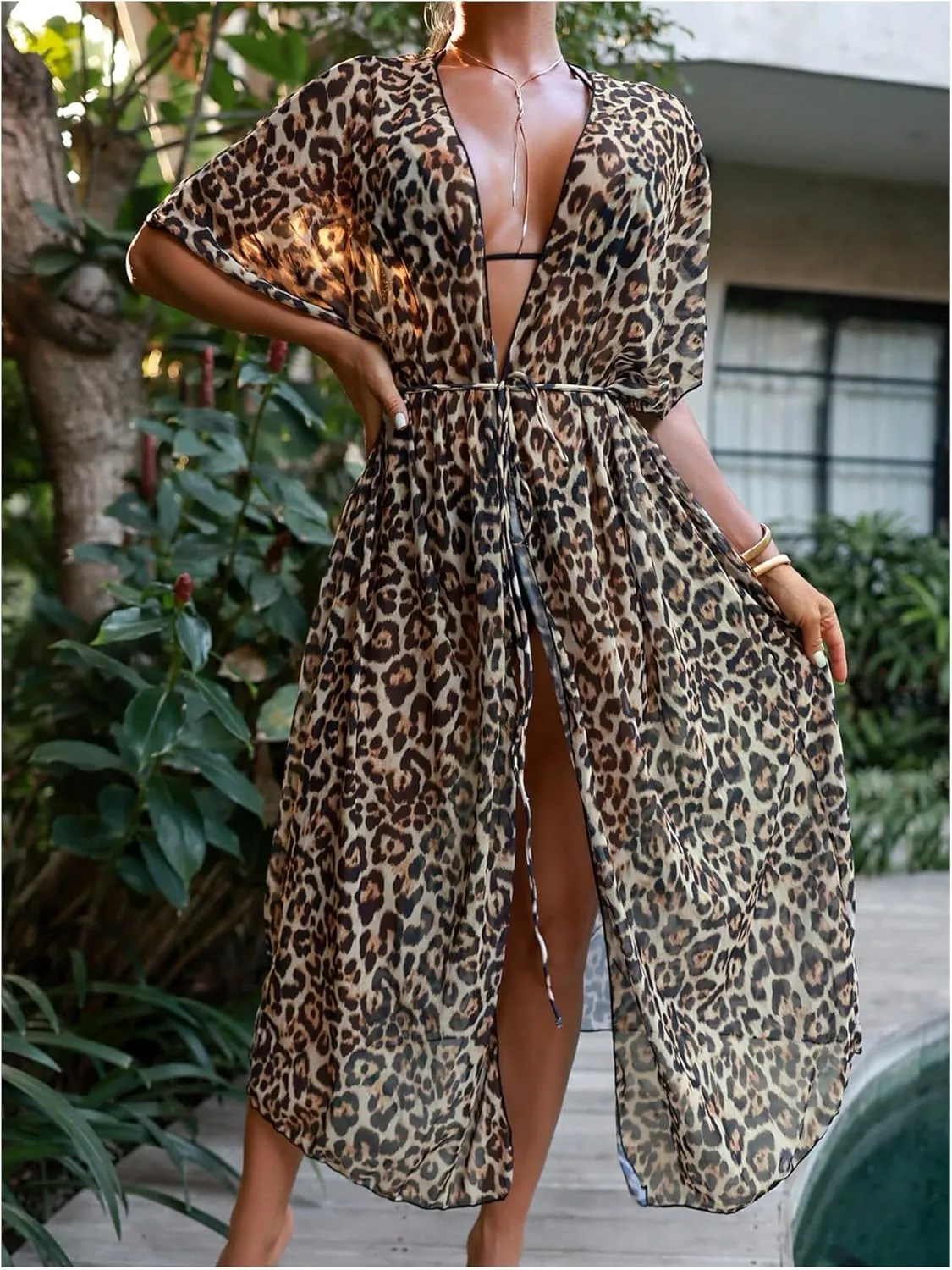 OYOANGLE Women's Swimsuit Cover Ups Leopard Print Short Sleeve Belted Kimono Cardigans Beachwear