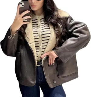 Perbai Women's Lapel Fleece Lined Single Breasted Faux Suede Jacket Oversized Leather Trucker Coat