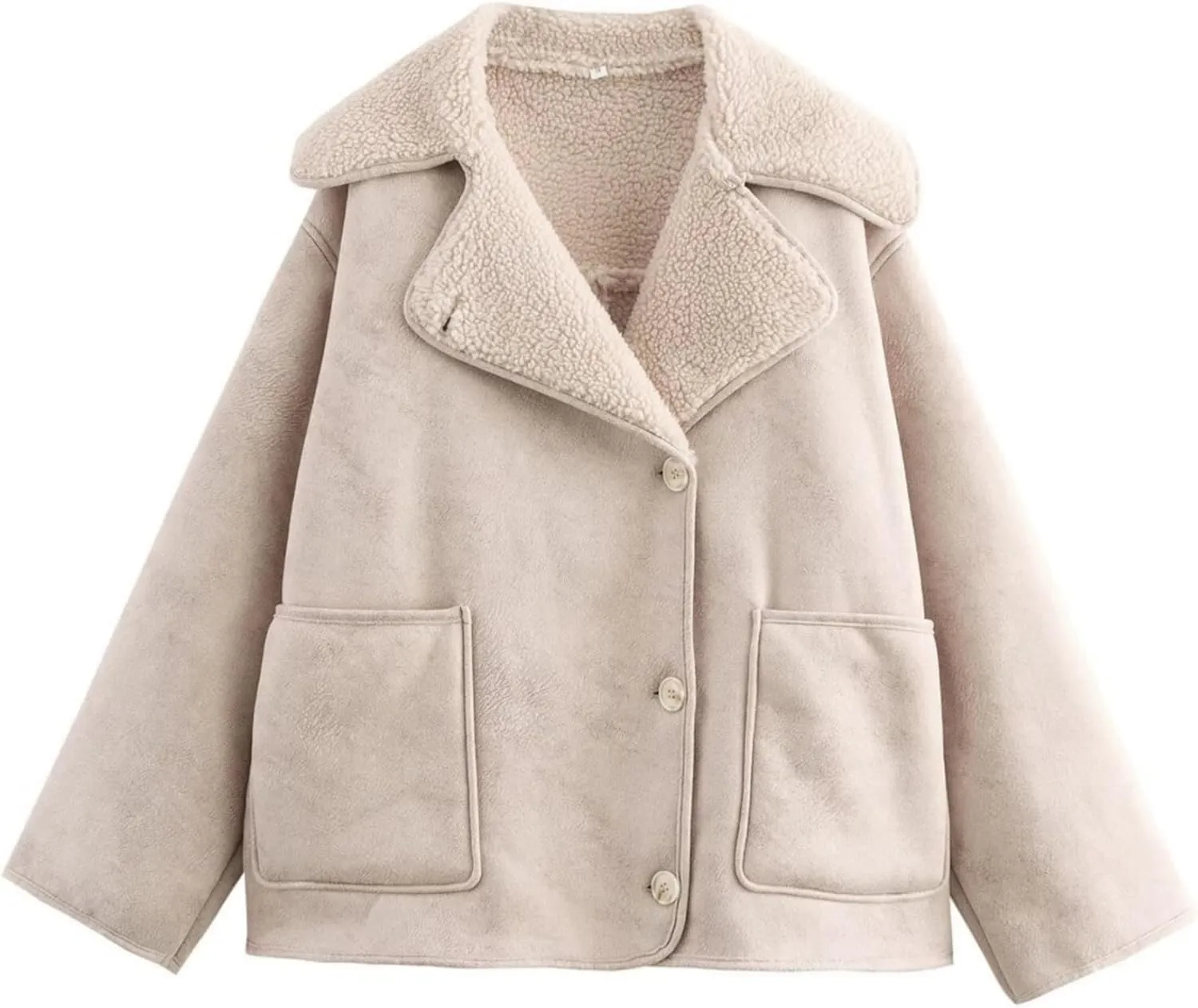Perbai Women's Lapel Fleece Lined Single Breasted Faux Suede Jacket Oversized Leather Trucker Coat