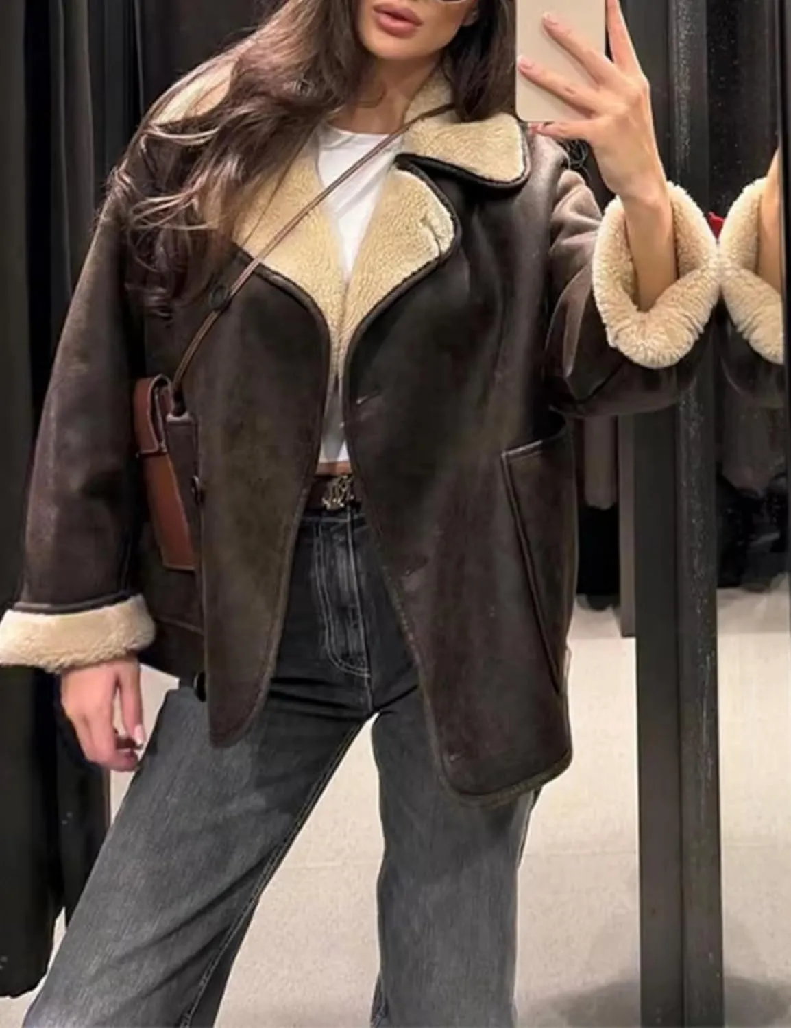 Perbai Women's Lapel Fleece Lined Single Breasted Faux Suede Jacket Oversized Leather Trucker Coat