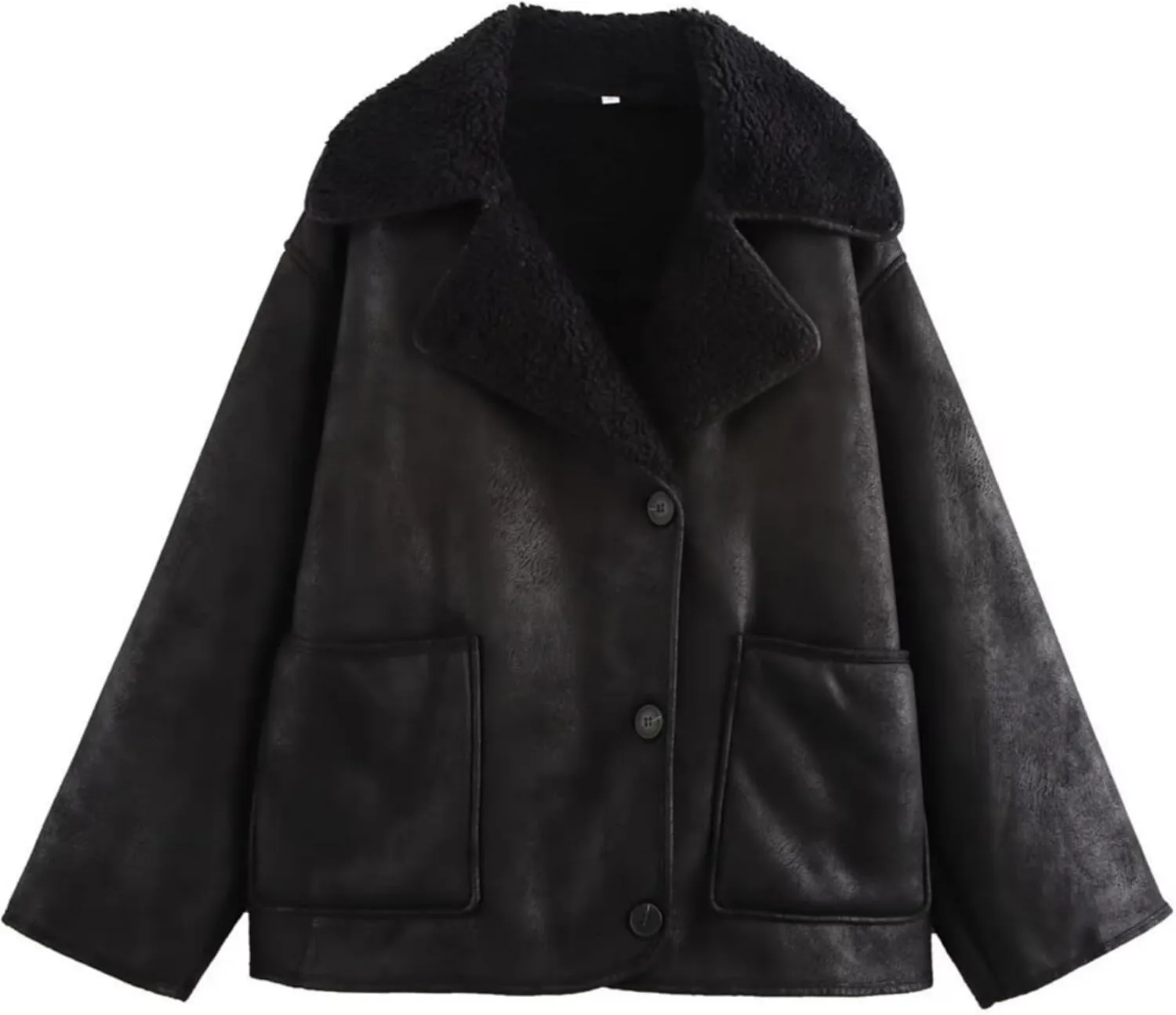 Perbai Women's Lapel Fleece Lined Single Breasted Faux Suede Jacket Oversized Leather Trucker Coat