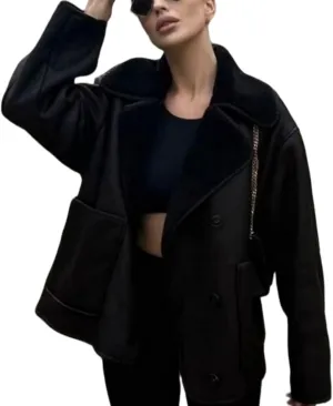 Perbai Women's Lapel Fleece Lined Single Breasted Faux Suede Jacket Oversized Leather Trucker Coat
