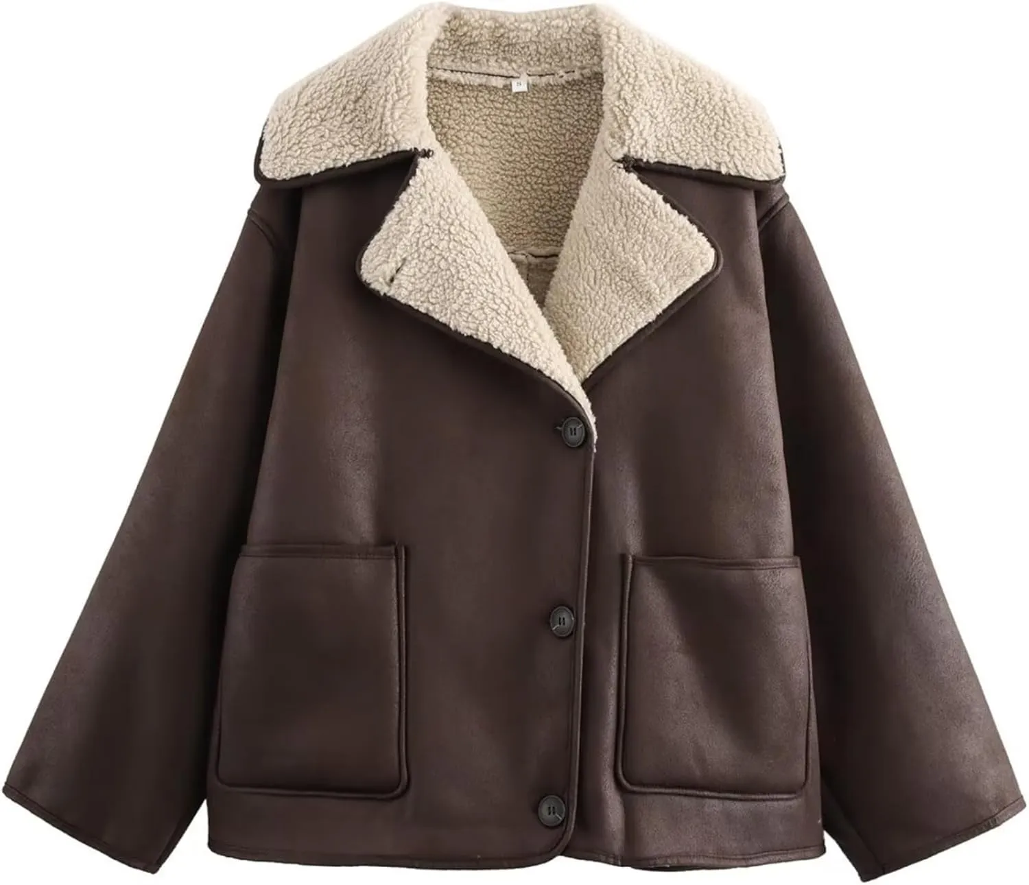 Perbai Women's Lapel Fleece Lined Single Breasted Faux Suede Jacket Oversized Leather Trucker Coat