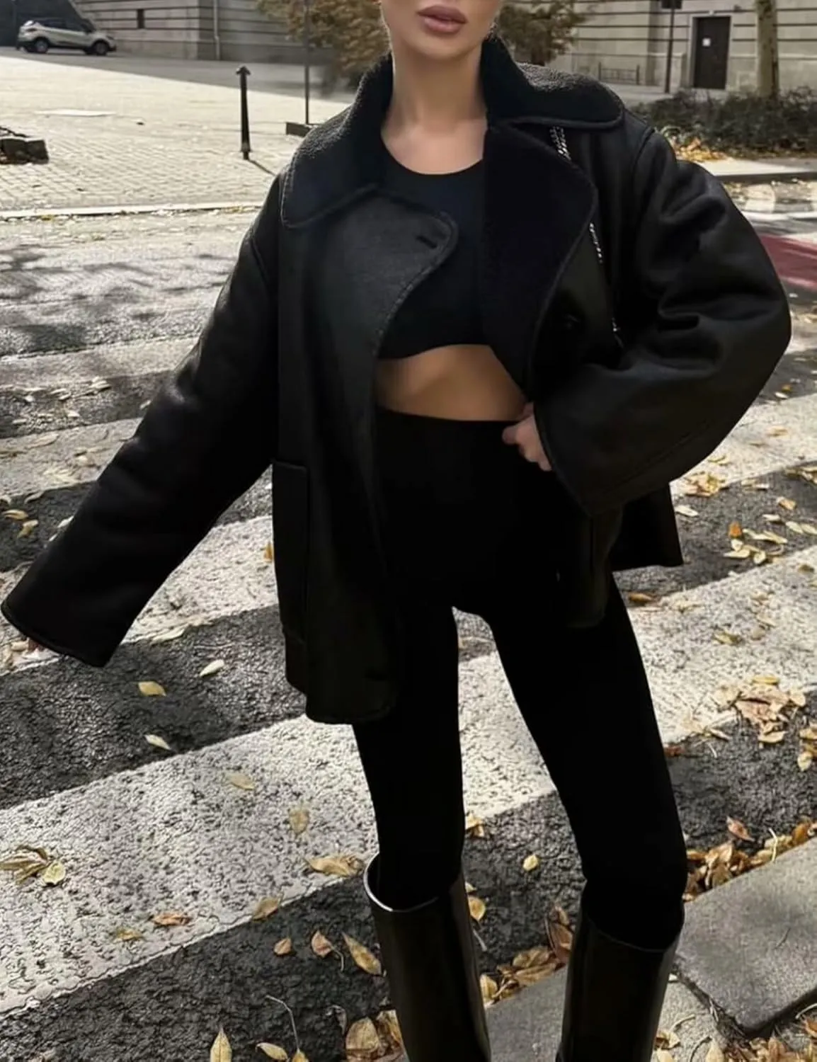 Perbai Women's Lapel Fleece Lined Single Breasted Faux Suede Jacket Oversized Leather Trucker Coat
