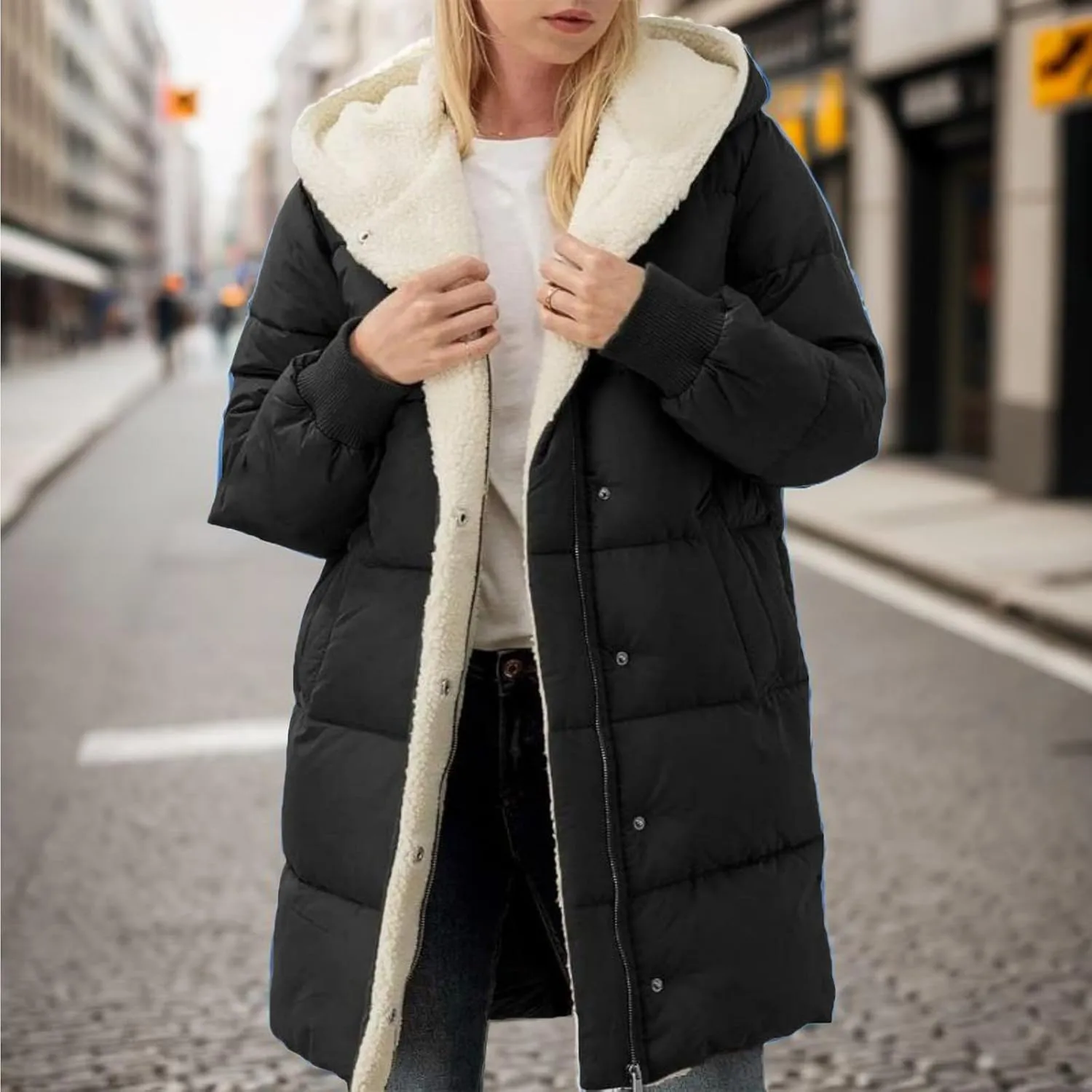 Puffer Coat Women Women's Winter Thickened Down Jacket Warm Long Down Jacket with Hood Hooded Cotton Jacket