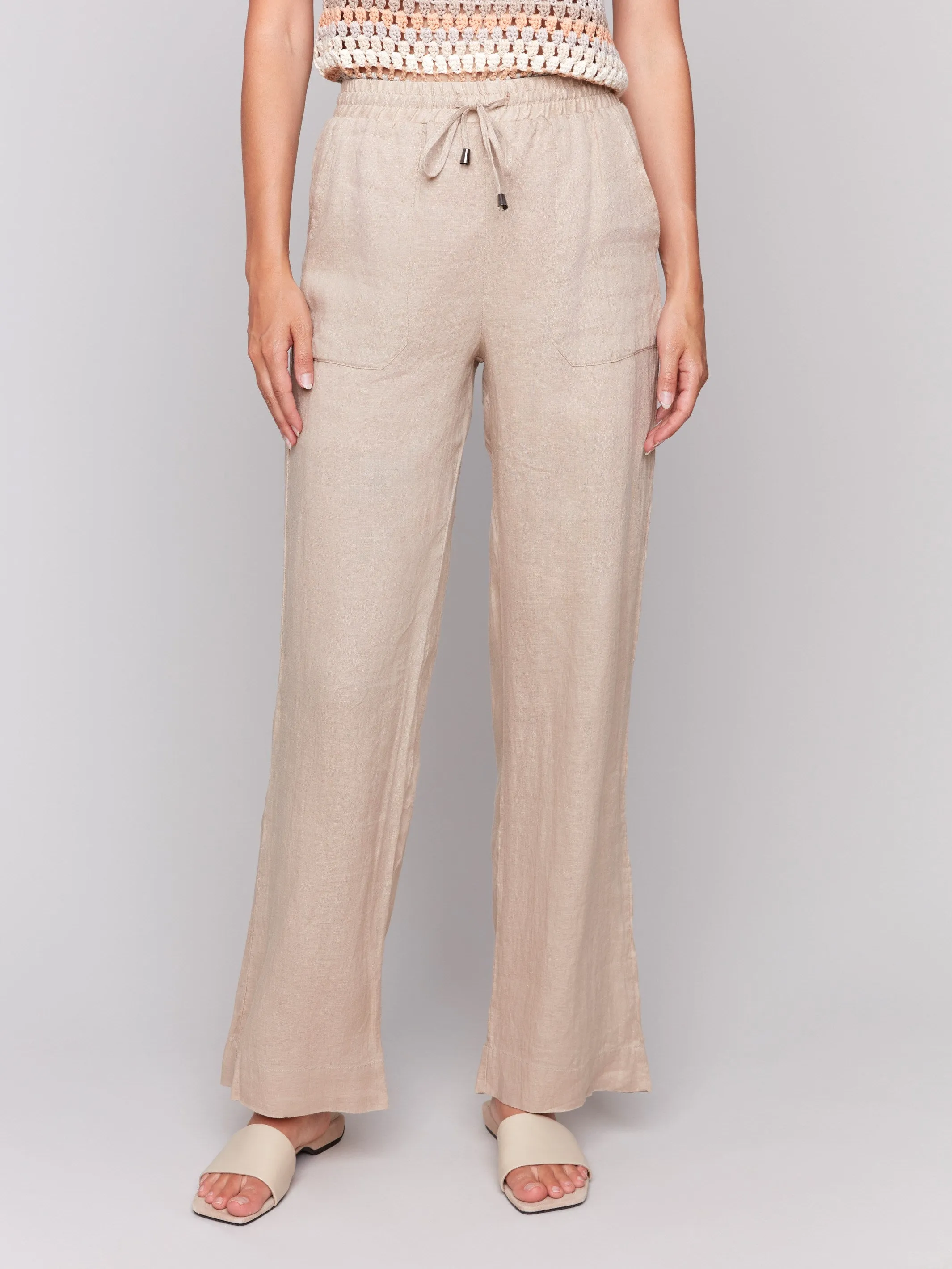 Pull-On Linen Blend Wide Leg Pants - Biscuit