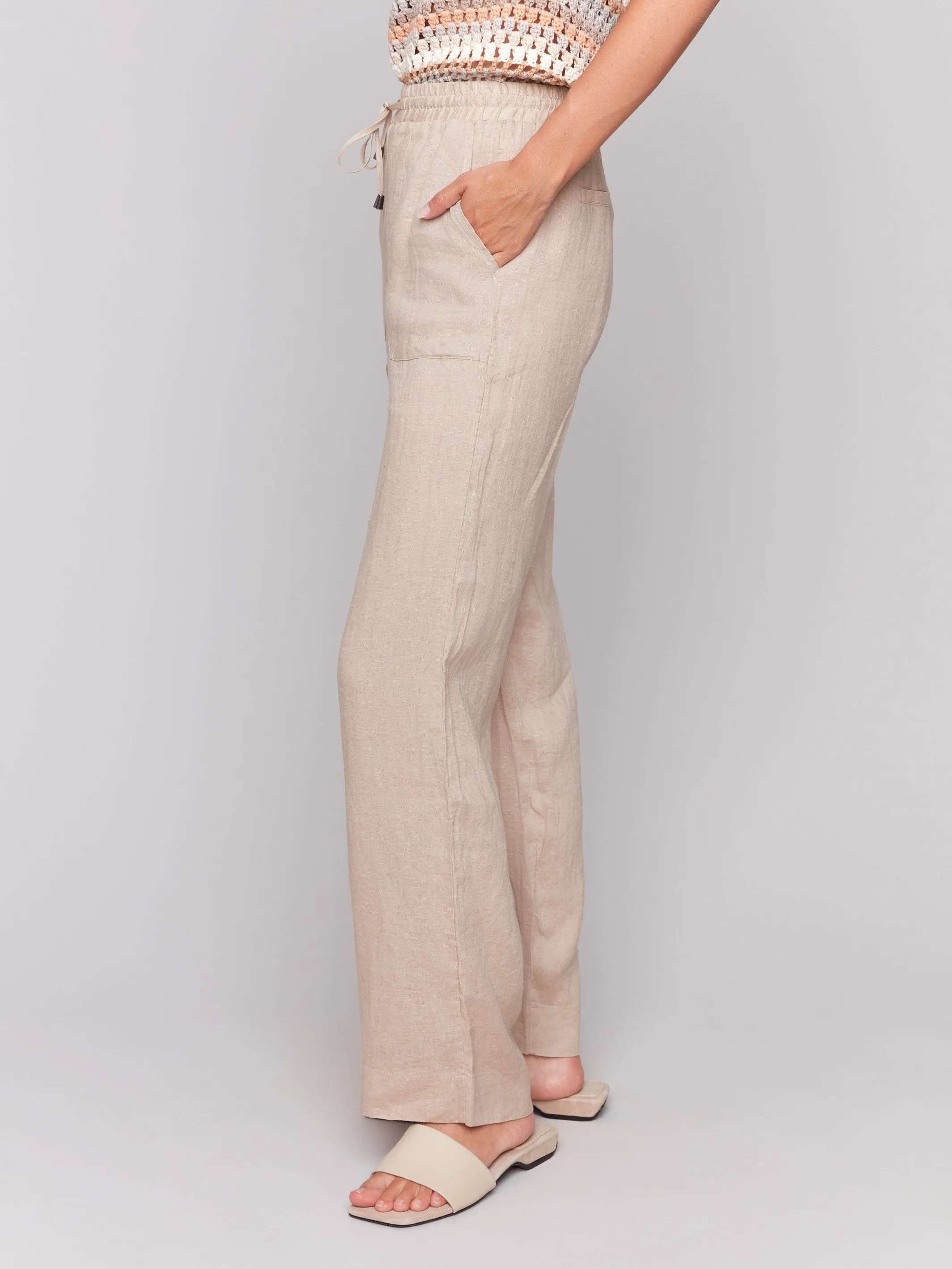 Pull-On Linen Blend Wide Leg Pants - Biscuit