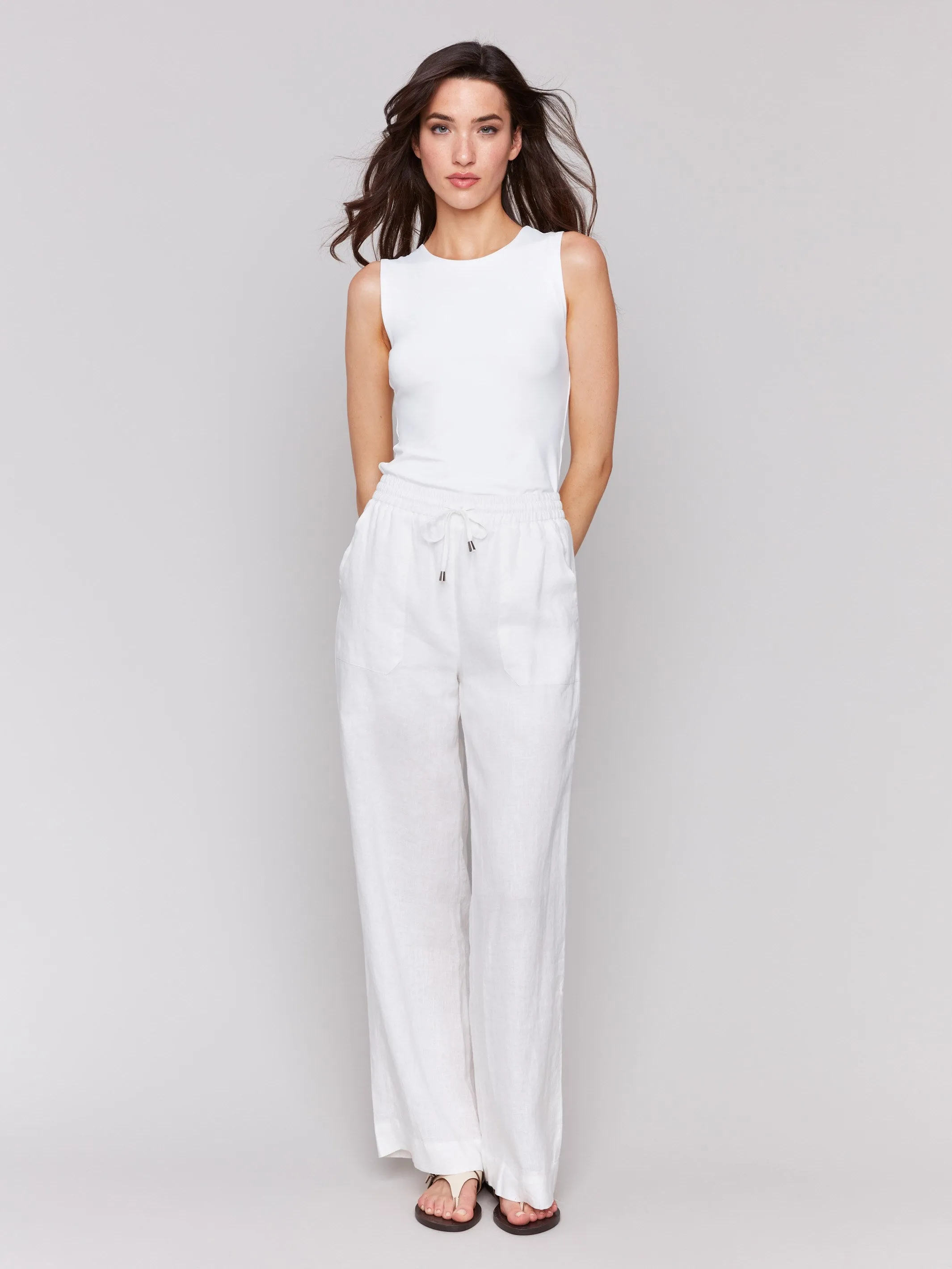 Pull-On Linen Blend Wide Leg Pants - White