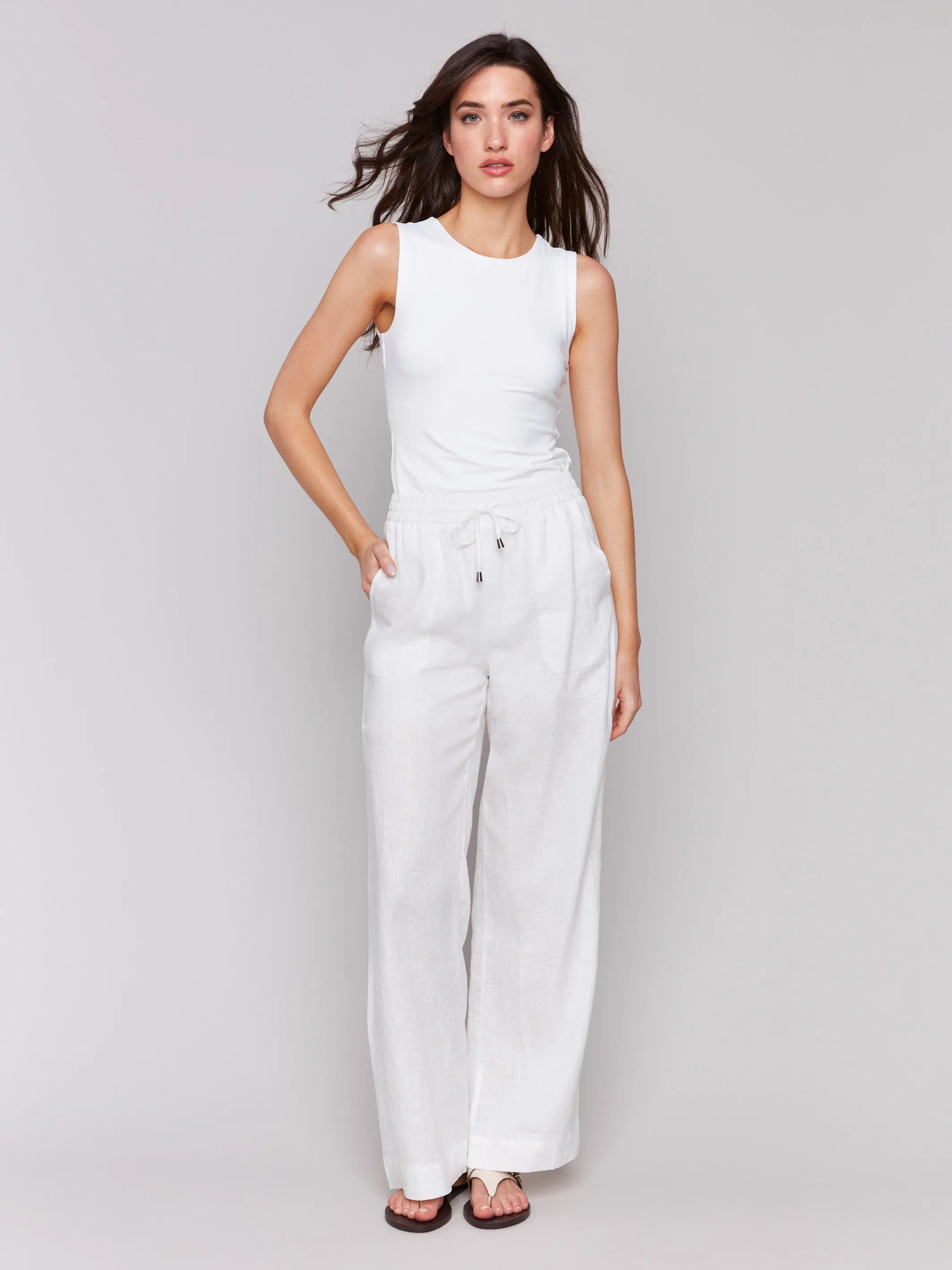 Pull-On Linen Blend Wide Leg Pants - White
