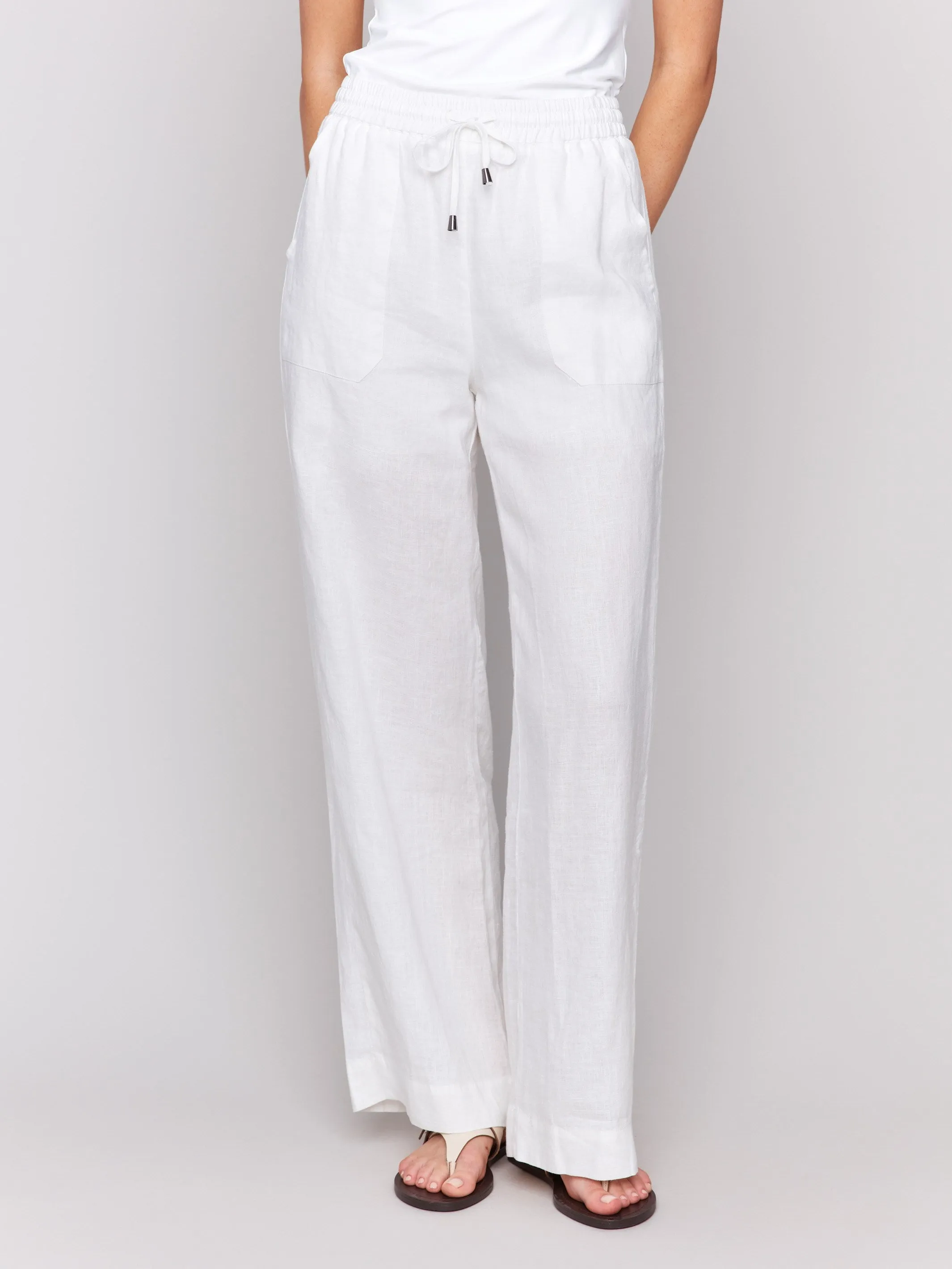 Pull-On Linen Blend Wide Leg Pants - White