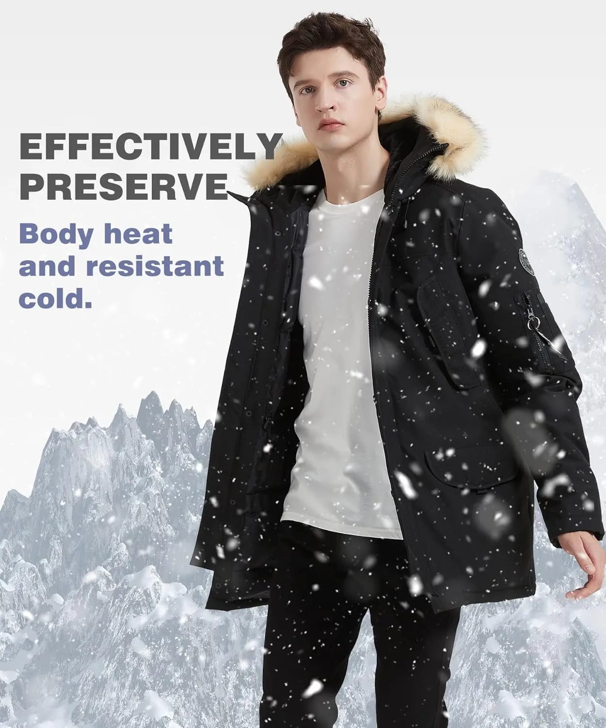 PUREMSX Men's Down Parka Coat, Fur Hood Thick Warm Insulted Windproof Outdoor Winter Jacket
