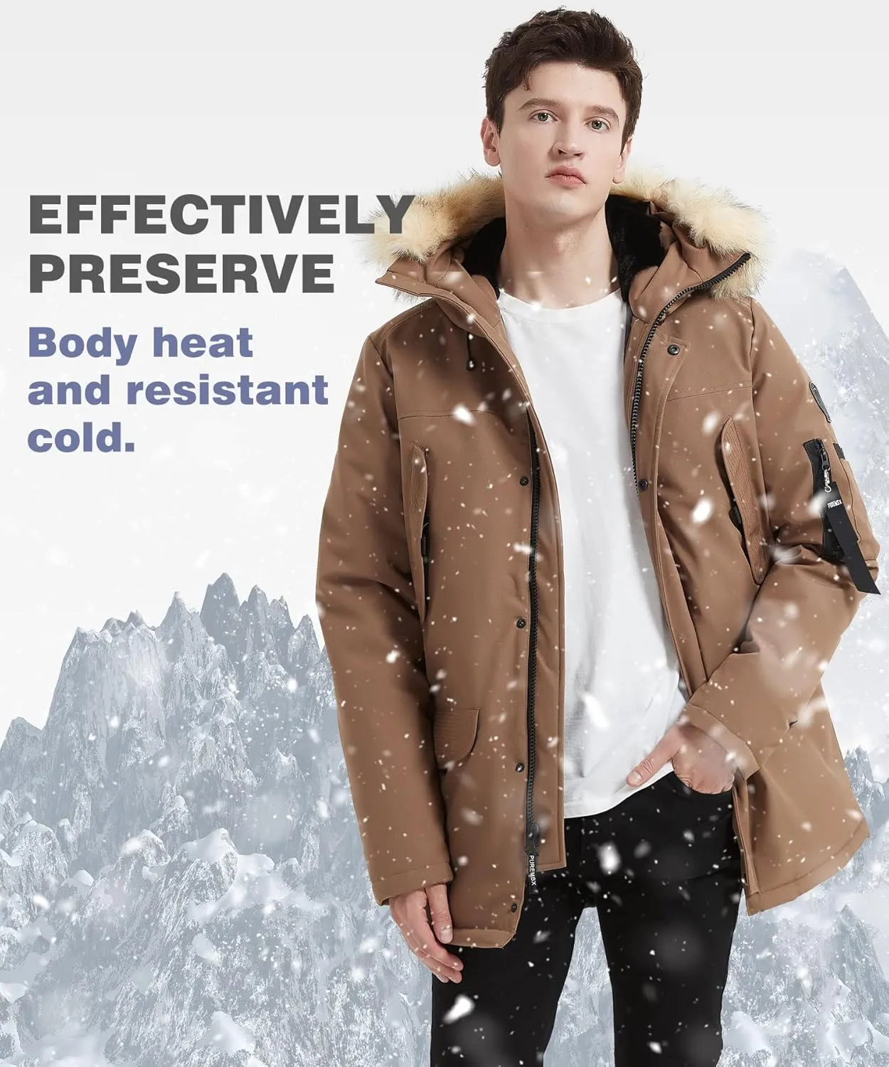 PUREMSX Men's Down Parka Coat, Fur Hood Thick Warm Insulted Windproof Outdoor Winter Jacket