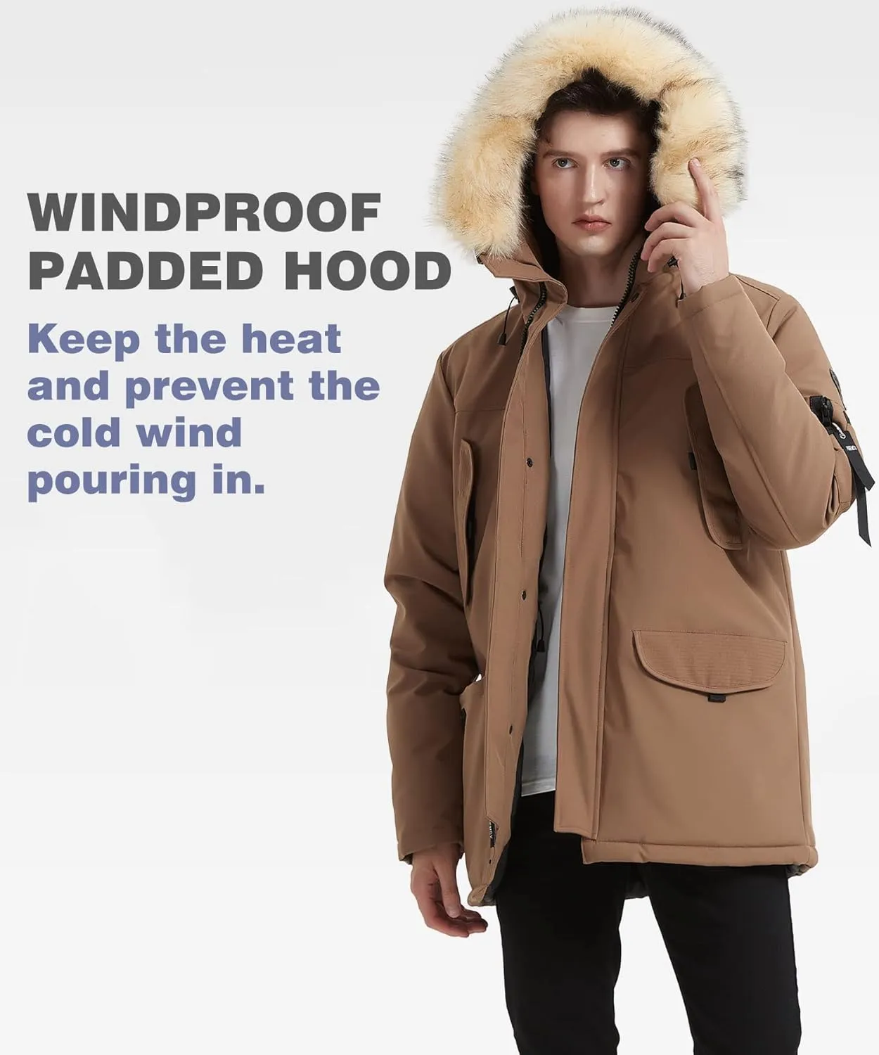 PUREMSX Men's Down Parka Coat, Fur Hood Thick Warm Insulted Windproof Outdoor Winter Jacket