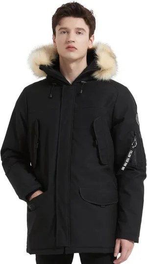 PUREMSX Men's Down Parka Coat, Fur Hood Thick Warm Insulted Windproof Outdoor Winter Jacket