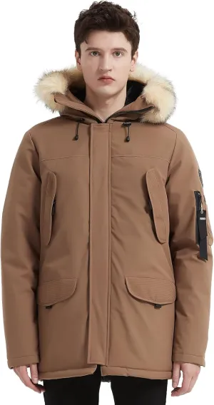 PUREMSX Men's Down Parka Coat, Fur Hood Thick Warm Insulted Windproof Outdoor Winter Jacket